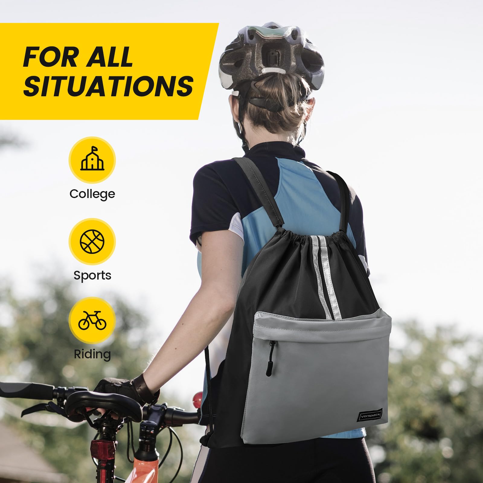Vorspack Drawstring Backpack - Drawstring Bag with Front Pocket Lightweight String Backpack with Reflective Strips Cinch Bag Sackpack for Gym Sport Trip Hiking - Black