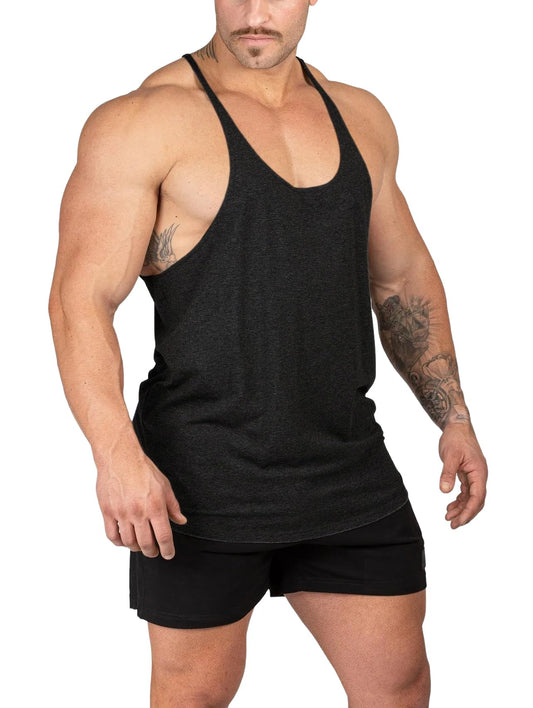 Muhshoiy Mens Stringer Bodybuilding Tank Tops Low Cut Off Y Back Gym Workout Training Stretch Polyester Quick Drying Muscle Shirt/Black/2XL