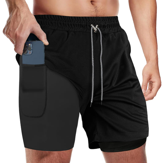 candyfouse Men's 2 in 1 Running Shorts, Quick Dry Workout Shorts with Liner, Athletic Shorts with Zip Pockets and Towel Loop Black
