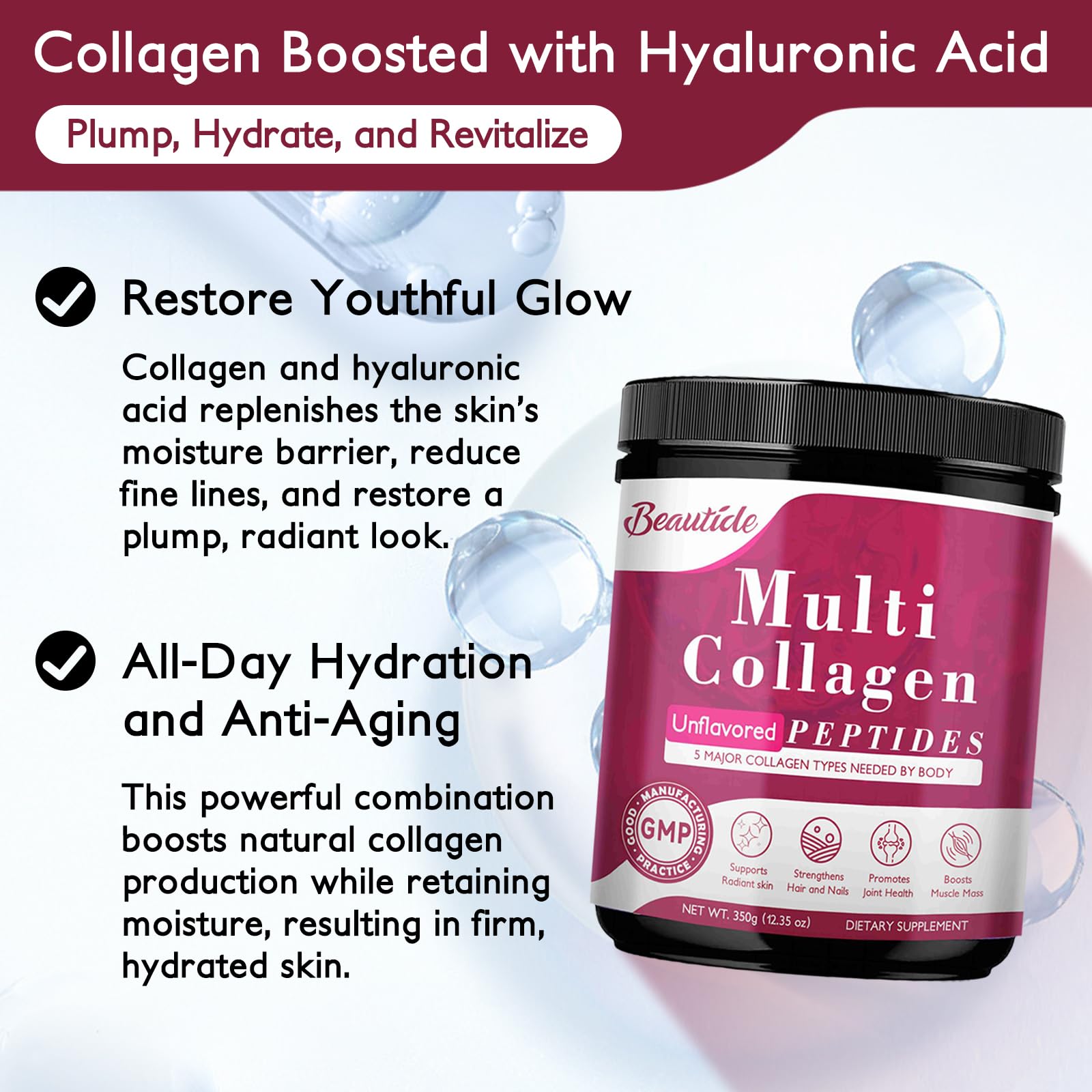 BEAUTIDE Multi Collagen Peptides Powder for Women, Hydrolyzed Collagen Powder with Vitamin C, Hyaluronic Acid, Supports Skin, Hair, and Nail - Unflavored, Keto & Sugar-Free, 35 Servings