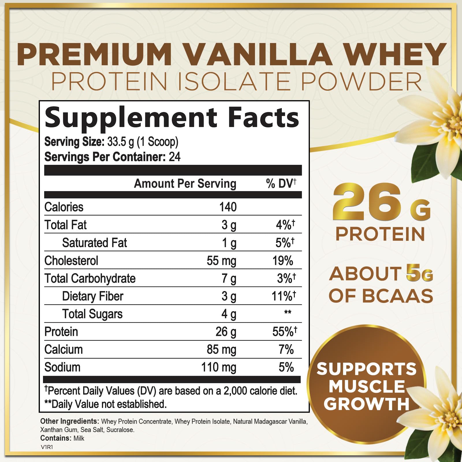 Whey Protein Powder, Creamy Vanilla Whey Isolate with 26g Protein & BCAAs - Support Muscle Growth, Recovery & Fitness - Gluten Free, Fast Absorbing, Easy Digesting for Women & Men - 24 Servings