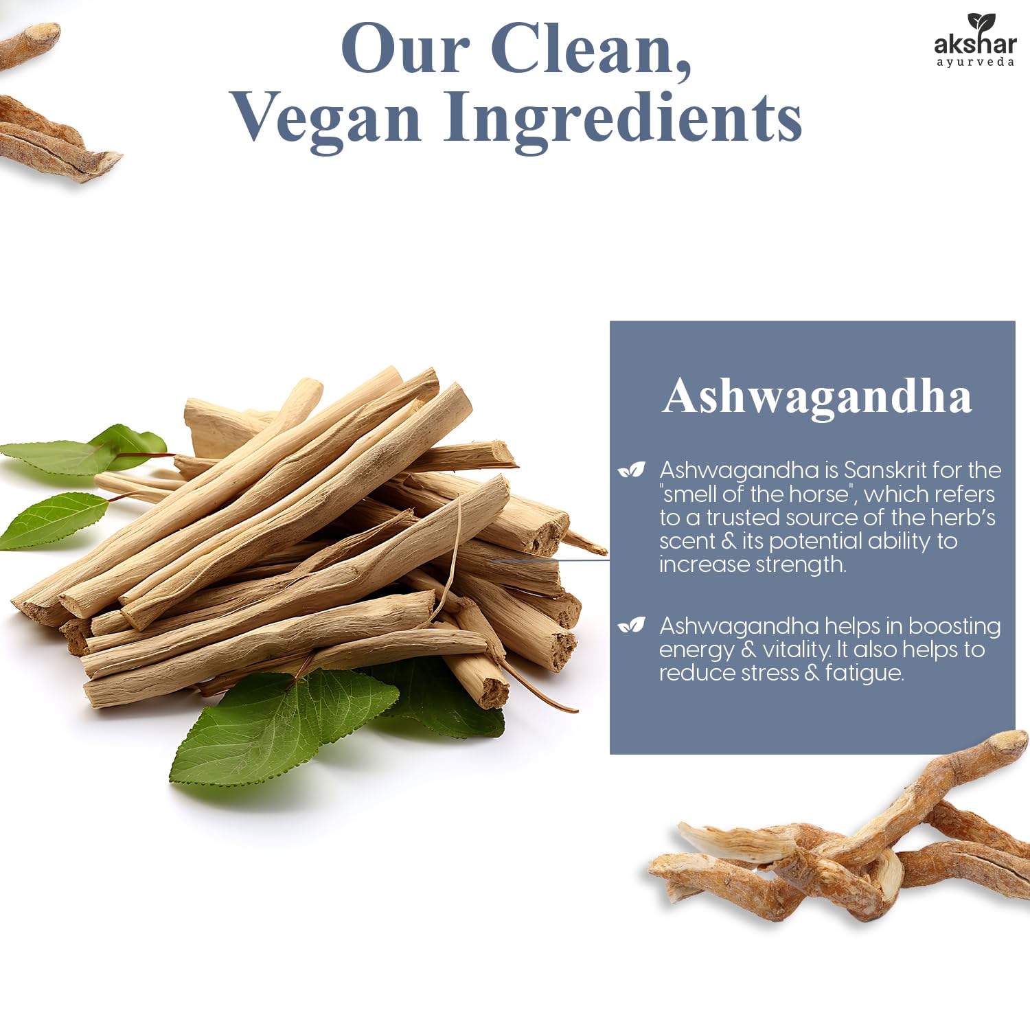 AKSHAR Ayurveda - Ashwagandha Capsules with Ashwagandha Root Extract and Powder - Adaptogenic Herbal Support - Vegan Cruelty-Free Ashwagandha Supplements (60 Count)