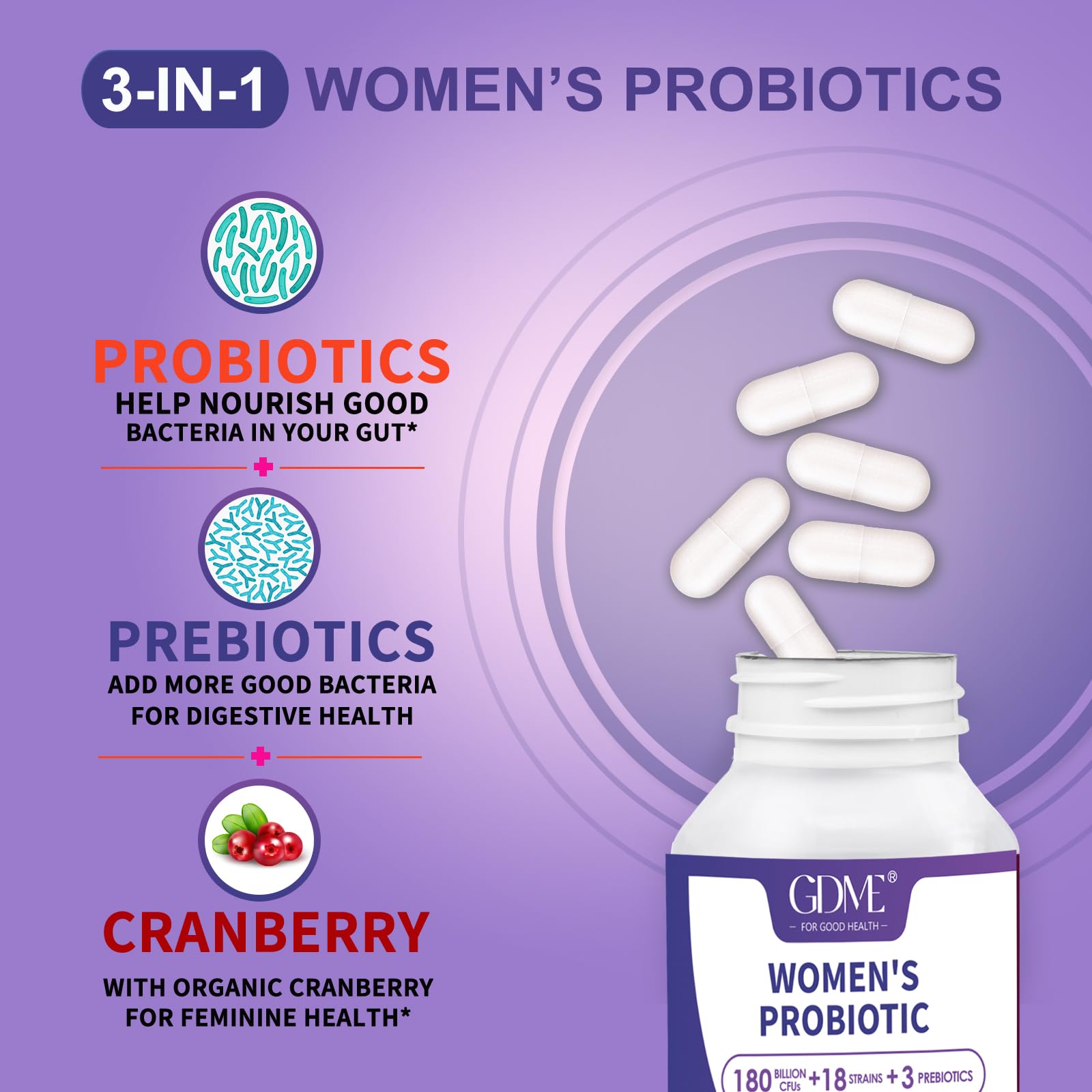 GDME Probiotics 180 Billion CFU 18 Strains Contains Organic Prebiotic Cranberry Probiotic Supplement Digestion Immunity for Women's Health,Non Soy Gluten Dairy Free 90 Vegetarian Capsules