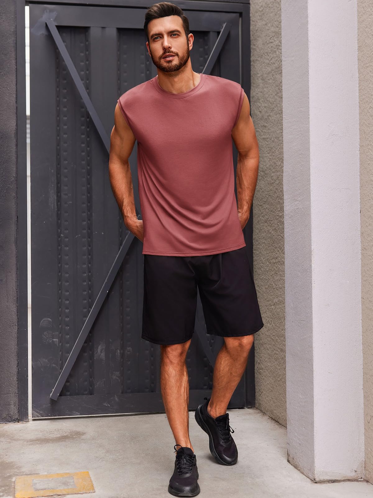 Runcati Men's Sleeveless Tank Tops Crewneck Casual Workout Gym Cut Off Muscle Fit T Shirt Wine Red