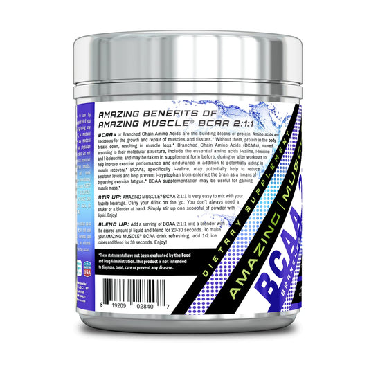 Amazing Muscle BCAA 2:1:1 Branched Chain Amino Acids Supplement | 6000 Mg Per Serving | 60 Servings Per Bottle | Blue Raspberry Flavor