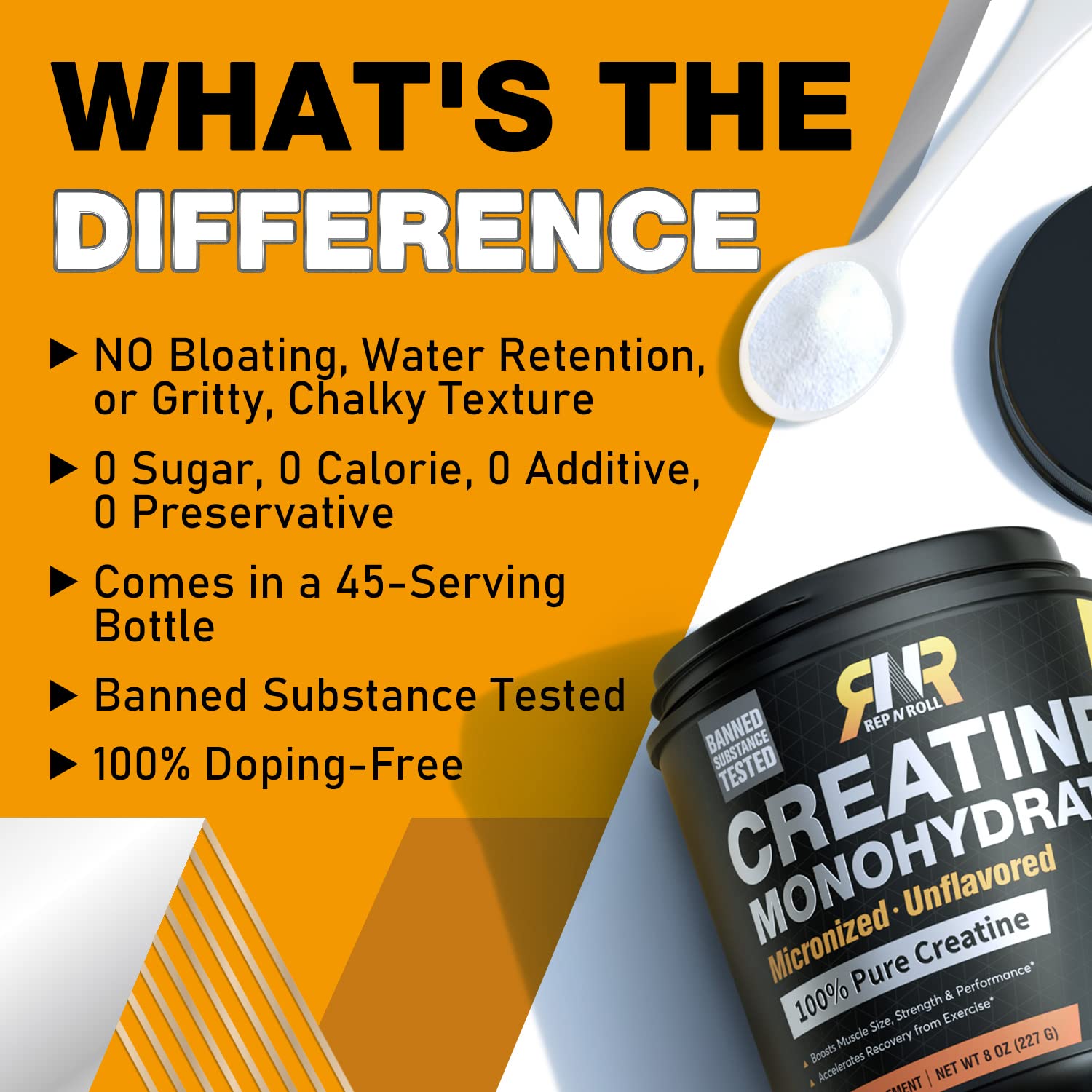 Rep N Roll Micronized Creatine Powder, 45 Serv., Creatine Monohydrate 5000 MG, 0 Calorie, 0 Sugar, 100% Purity, Banned Substance Tested, Keto, No Bloating, 8oz