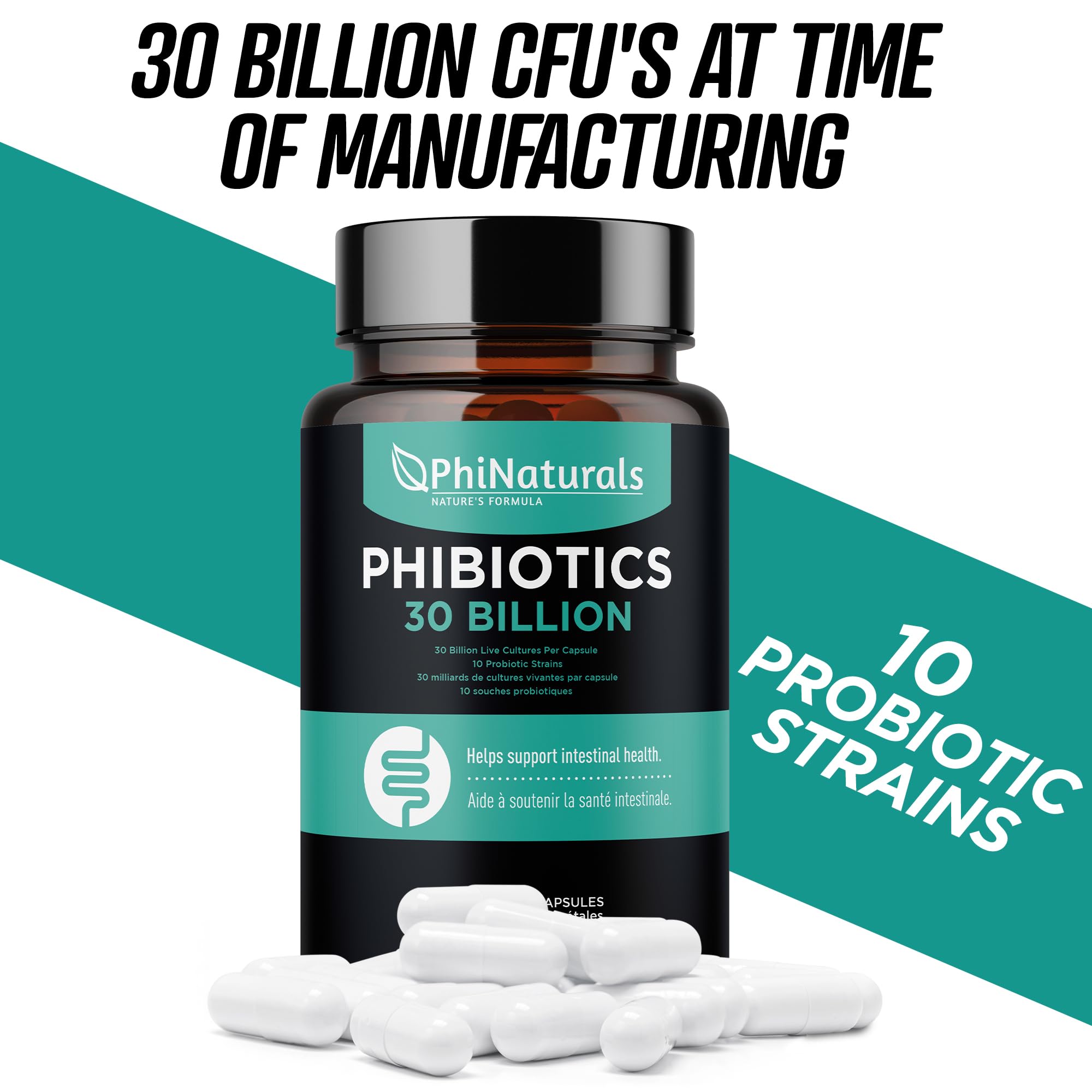 High Potency Probiotics 10 Strains – 30 Billion CFUs – [30 Vegan Capsules] Digestive Health Supplement for Men & Women – Shelf-Stable Lactobacillus Acidophilus Bifidobacterium – Immune Support