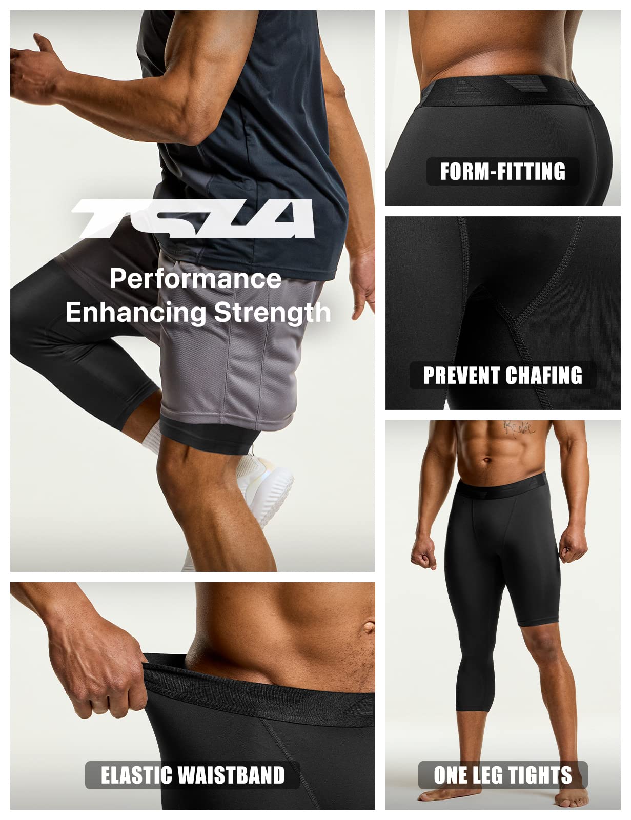 TSLA Men's Cool Dry Compression Pants, Athletic Workout Running Tights Leggings Baselayer, 3/4 Right Black/Black, Small