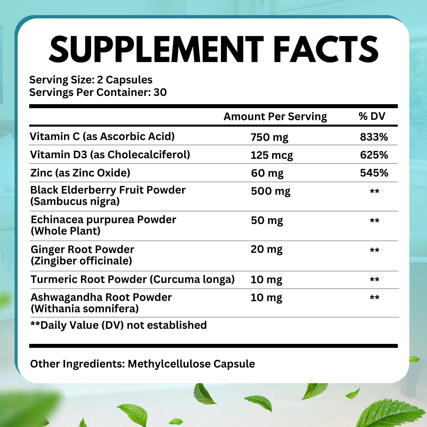 Elderberry Immune Support Supplement 8-in-1 Formula with Echinacea, Vitamin C & Zinc, Vitamin D 5000 IU, Turmeric, Ginger, Ashwagandha – 60 Capsules