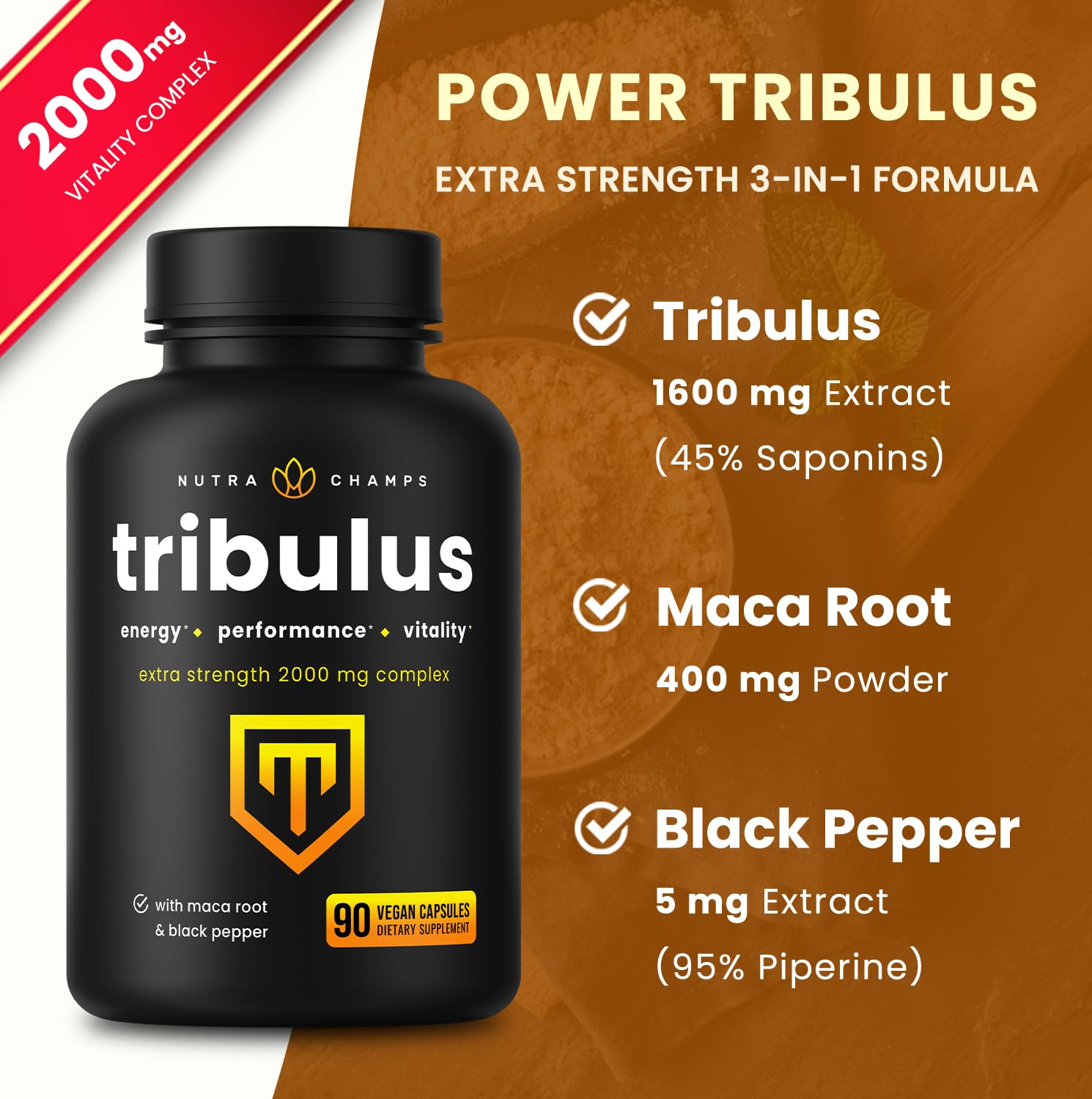 Tribulus Terrestris for Men | 2000mg Supplement Booster for Energy, Vitality, Stamina & Performance | Extra Strength Saponins | Maca & Black Pepper Extract for Enhanced Absorption | 90 Vegan Capsules