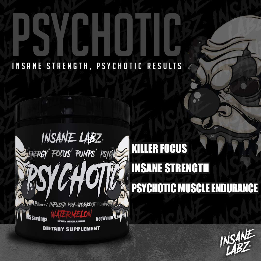 Insane Labz Psychotic Black Edition polvo estimulante medio preentrenamiento, bombas de enfoque energético, cargado con creatina beta alanina taurina impulsada por AMPiberry, 35 porciones uva