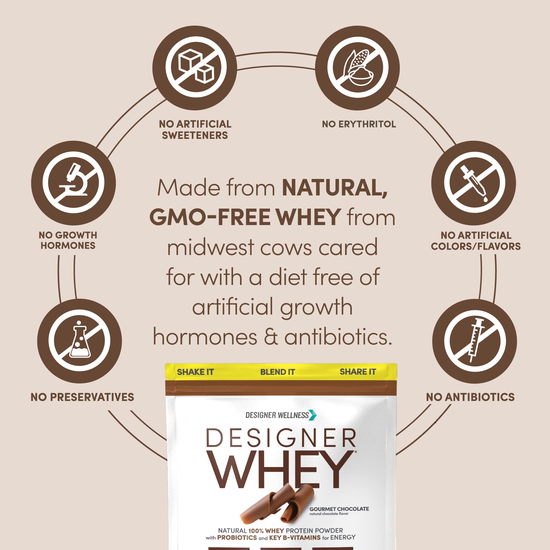 Designer Wellness, Designer Whey, Natural Whey Protein Powder with Probiotics, Fiber, and Key B-Vitamins for Energy, Gluten-Free, Gourmet Chocolate, 2 lb
