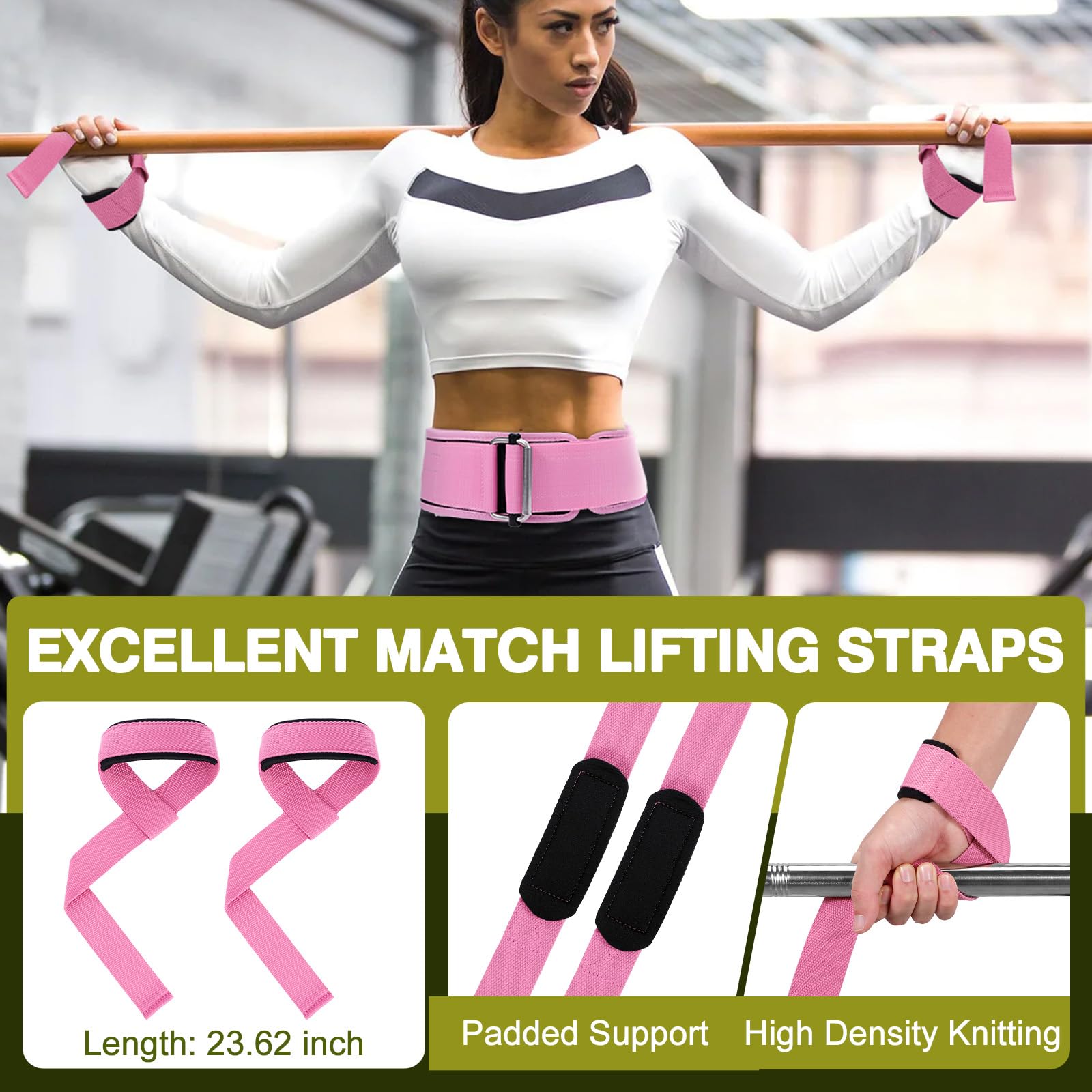 Turakun Weight Lifting Belt and Lifting Straps: Weightlifting Gym Belt for Men Women Deadlift Squats Belt for Bodybuilding Workout, 4 Inch Pink S