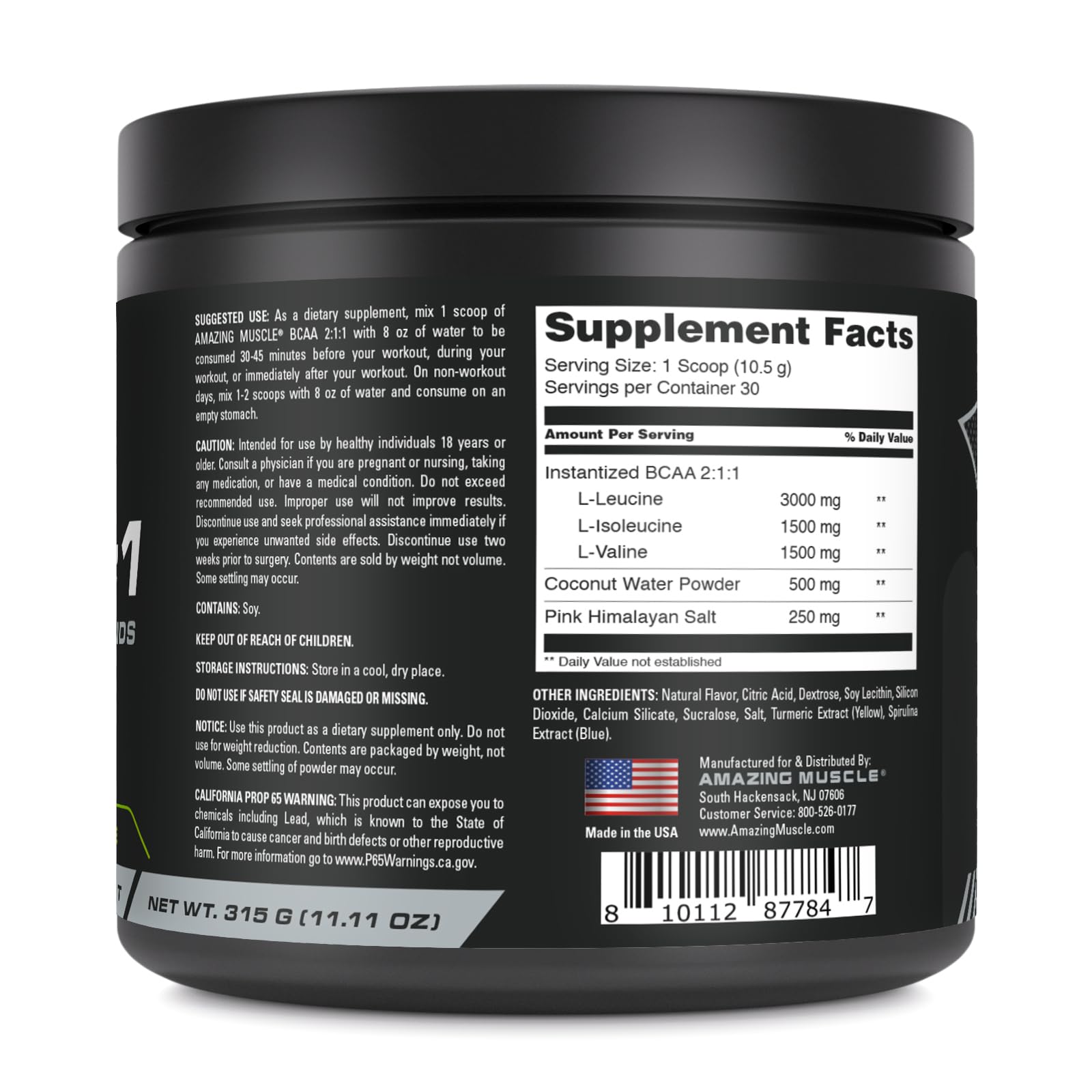 Amazing Muscle BCAA 2:1:1 | 30 Servings | Natural Green Apple Flavor | 315 Grams Powder | Branched Chain Amino Acids Supplement | Made in USA