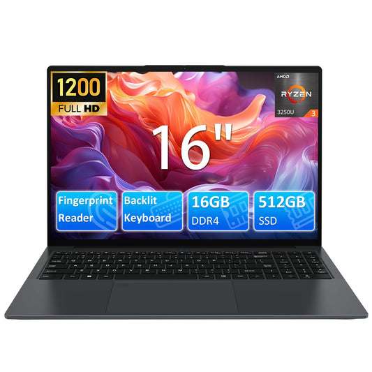 16 Inch Laptop Computer for Business Student,AMD Ryzen3 3250U(Up to 3.5GHz,Beats N95),1920×1200 FHD IPS Display,16GB RAM 512GB SSD,1MP Webcam,WiFi,HDMI,USB,Type-C,Backlit Keyboard,Fingerprint,Numpad