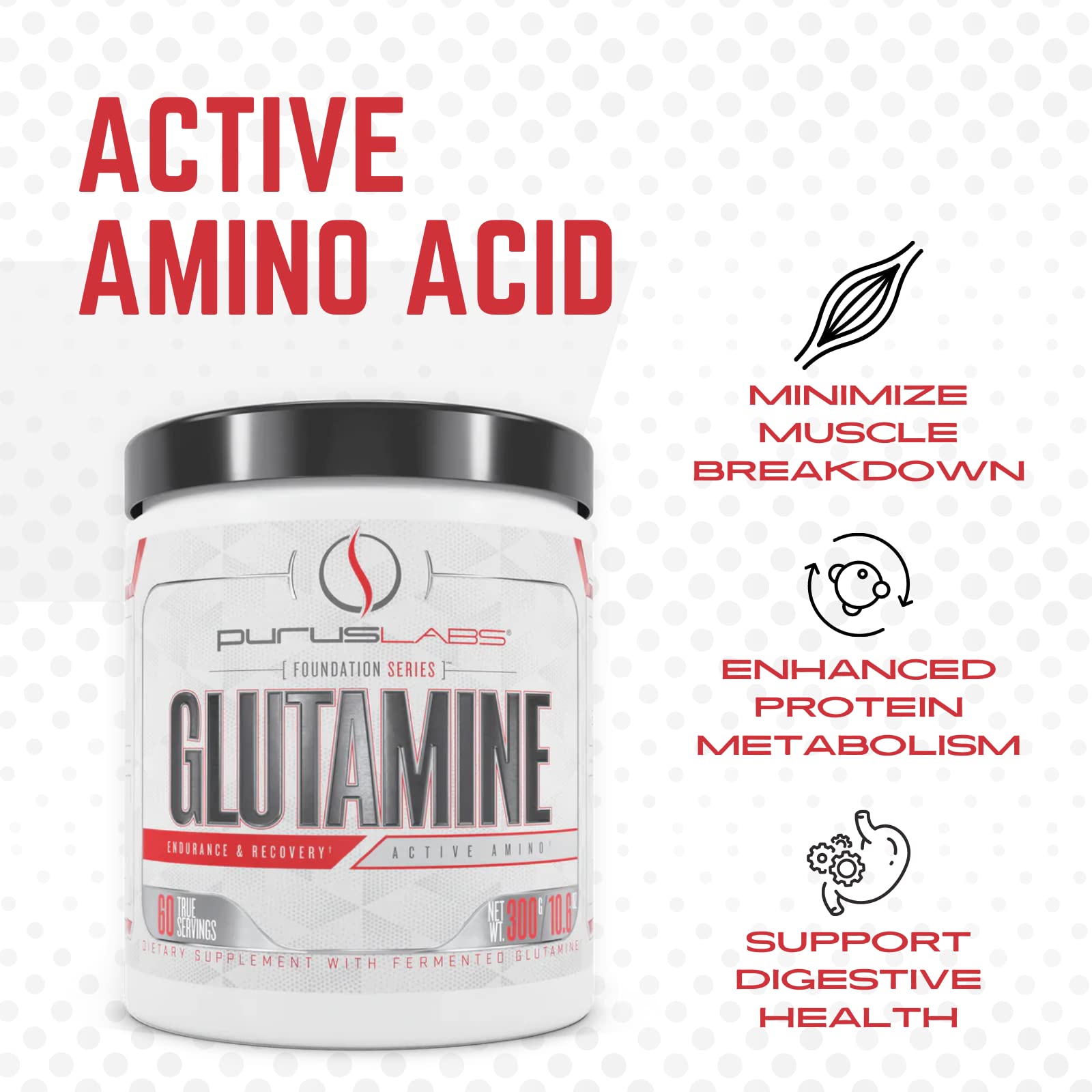 Purus Labs Foundation Series Glutamine | Pure Fermented L Glutamine Powder | for Recovery, Hydration, Volume, & Gut Health | 60 Servings (Unflavored)