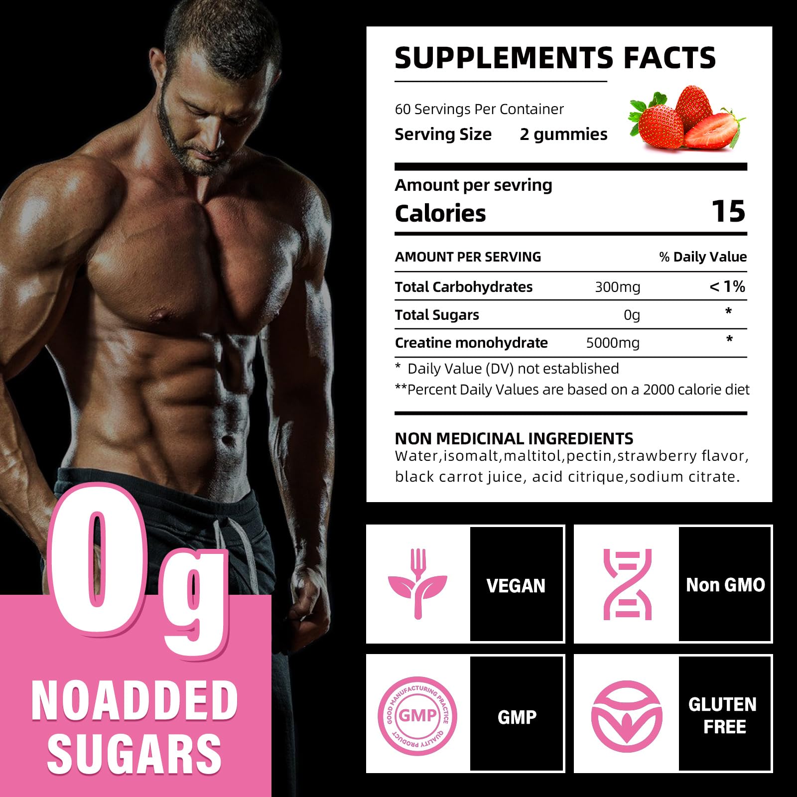 Creatine Monohydrate Gummies 5000mg for Men & Women, Gomitas de Creatina 5g Creatine Monohydrate, 0g Sugar Chewables Creatine Pre-Work Out for Muscle Strength, Vegan,120 Count (120 Count, Strawberry)