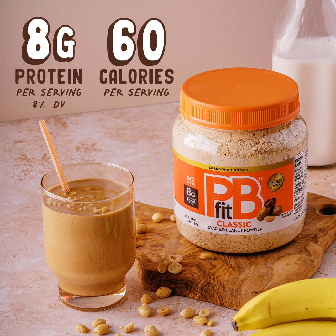 PBfit 24 Ounce Classic Peanut Butter Powder, Powdered Peanut Butter Spread From Real Roasted Peanuts, 8g of Protein 8% DV, Gluten-Free, 60 calories, 87% less fat (Pack of 1)