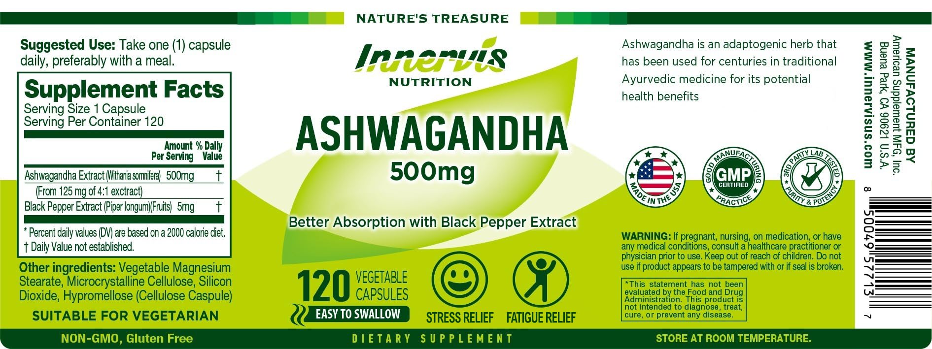 INNERVISNUTRITION Ashwagandha 500mg - 120 Vegetable Capsules Helps Stress Relief Support Brain Function Better Absorption with Black Pepper Extract