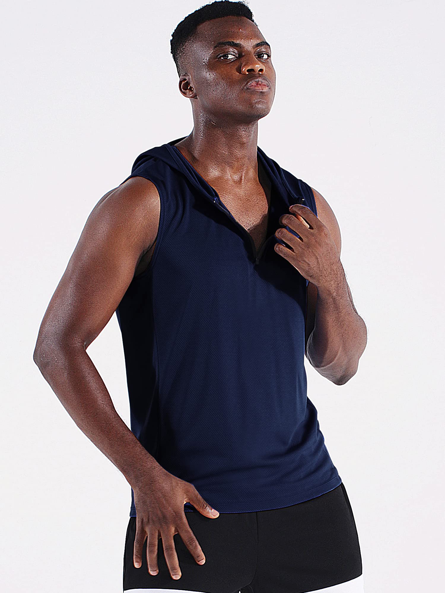NELEUS Men's Running Tank Tops Sleeveless Athletic Workout Shirts with Hoods and Zipper,3 Pack,5099,Black/Grey/Navy Blue,L