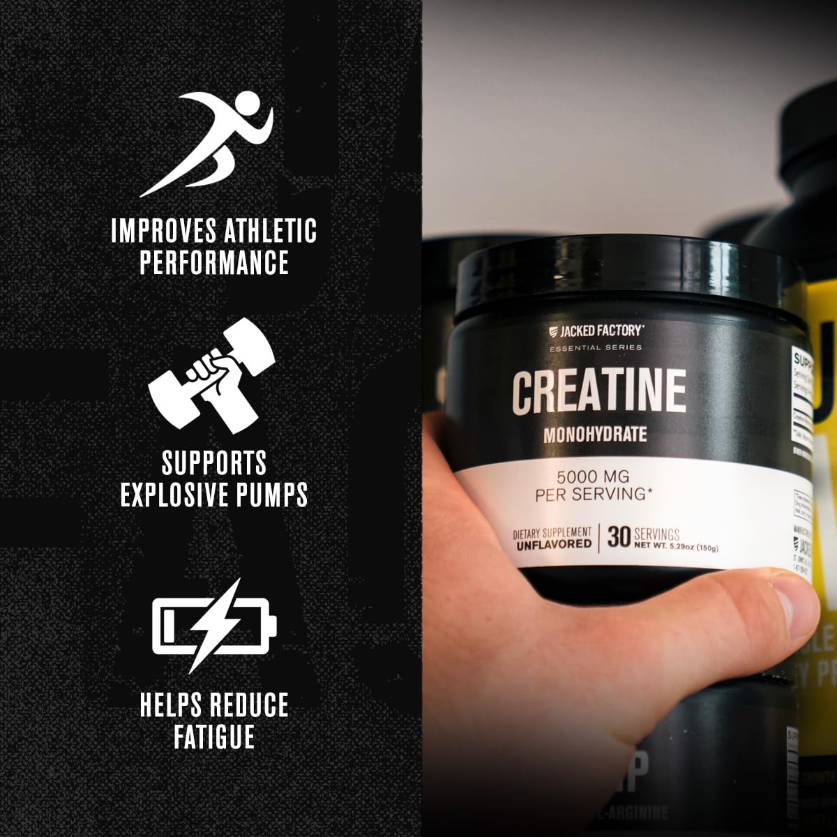Jacked Factory Creatine Monohydrate Powder 150g - Creatine Supplement for Muscle Growth, Increased Strength, Enhanced Energy Output and Improved Athletic Performance 30 Servings, Unflavored