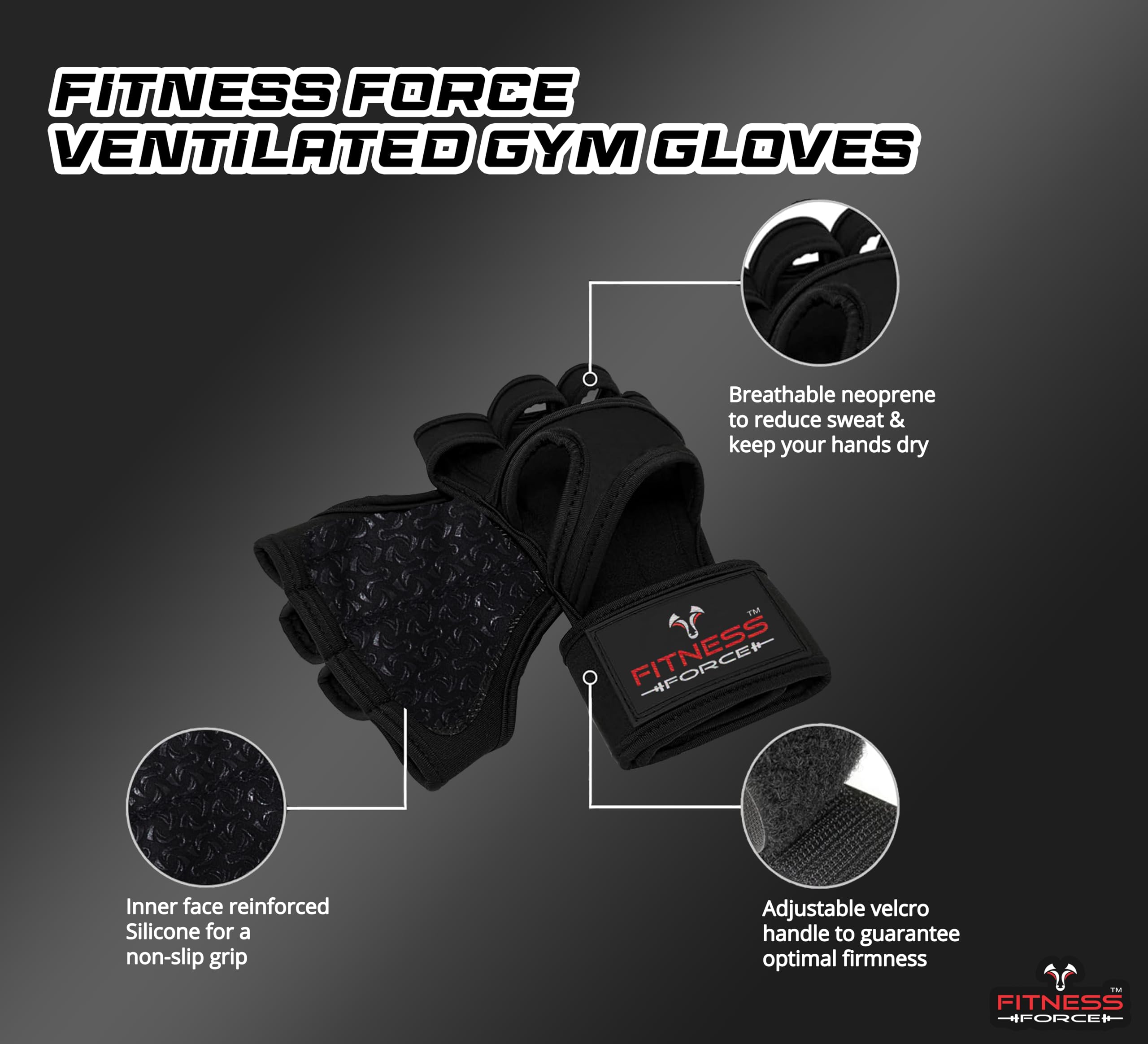 FITNESS FORCE Ventilated Gym Gloves for Men with Built-in Wrist Support for Workouts Weightlifting Gloves Workout Gloves for Women Exercise Fitness Gloves Perfect for Powerlifting, Cross Training