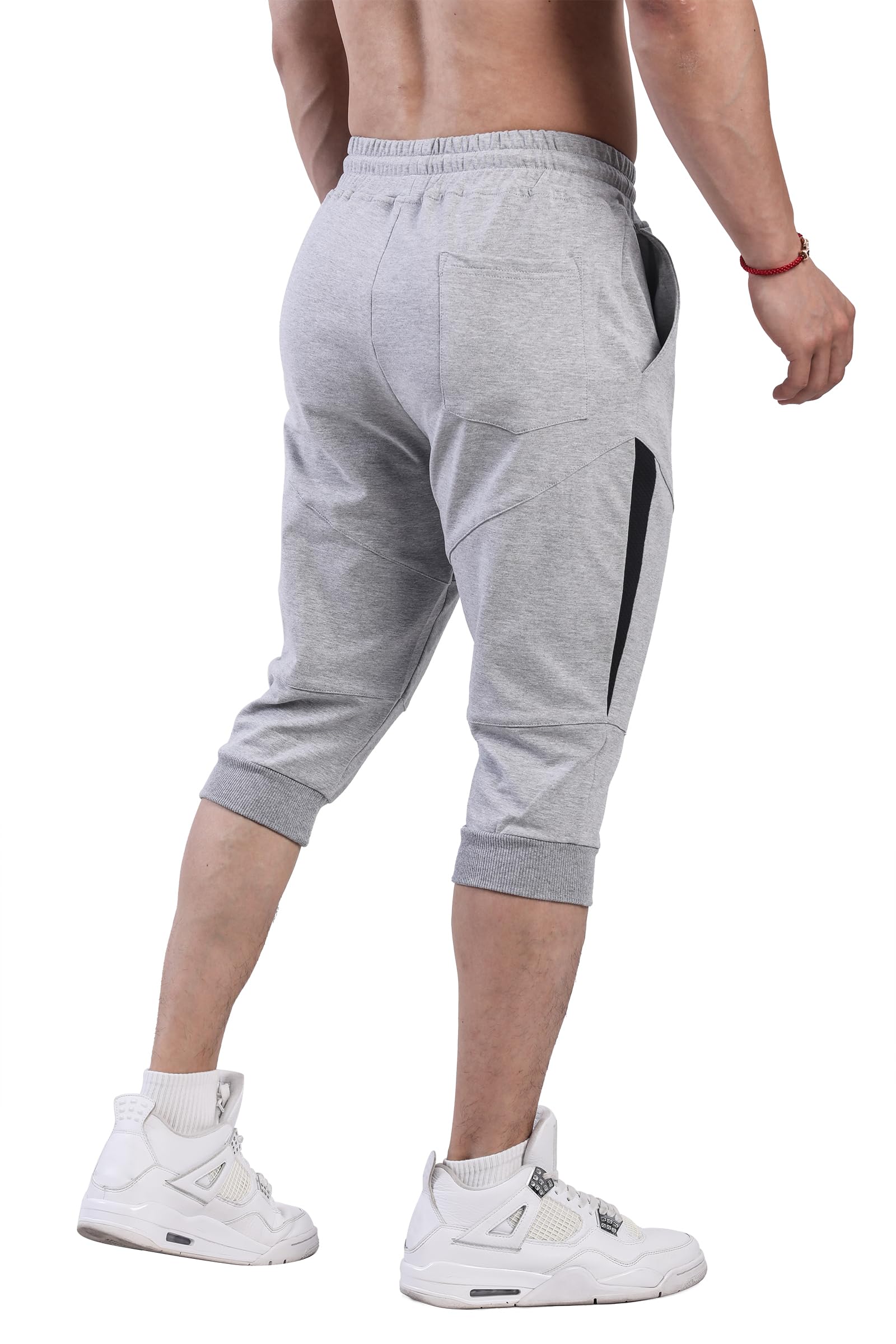 FIRSTGYM Mens 3/4 Tapered Fit Jogger Pants Casual Workout Gym Capris Jogger Shorts Light Grey