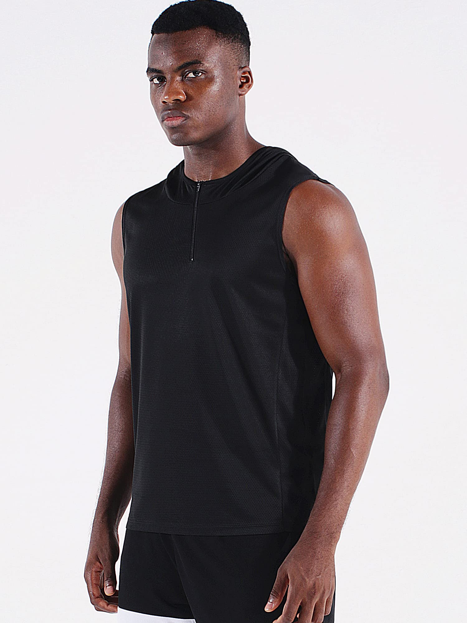 NELEUS Men's Running Tank Tops Sleeveless Athletic Workout Shirts with Hoods and Zipper,3 Pack,5099,Black/Grey/Navy Blue,L