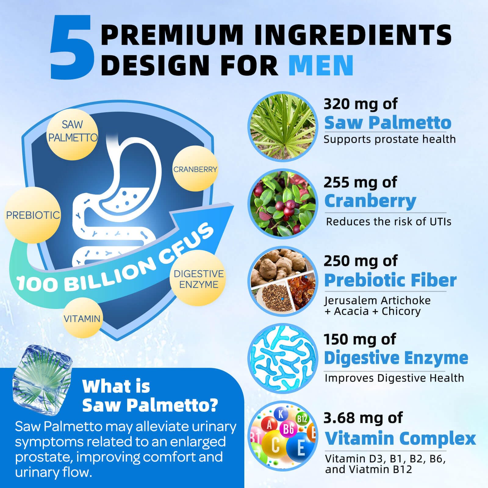 ZEBORA Probiotics for Men 100 Billion CFU - Probiotics for Digestive Health, Men's Probiotics Supplement, Prebiotics & Enzymes, for Prostate Health with Saw Palmetto | 90 Veg Capsules