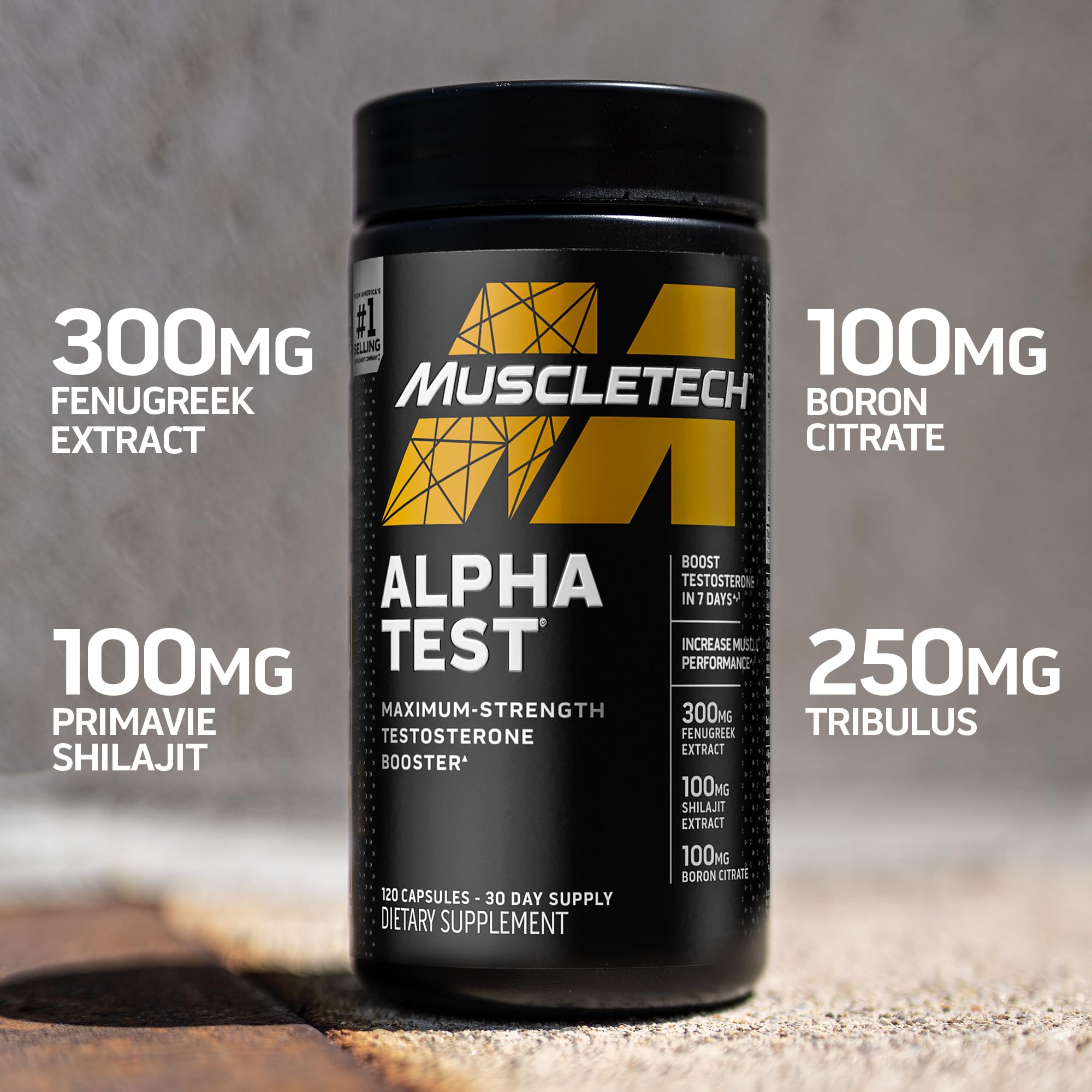 Potenciador de testosterona para hombres, MuscleTech AlphaTest, Tribulus Terrestris y suplemento de boro, ATP de máxima potencia y potenciador de pruebas, suplementos de entrenamiento diario para hombres, 120 pastillas (el paquete puede variar)