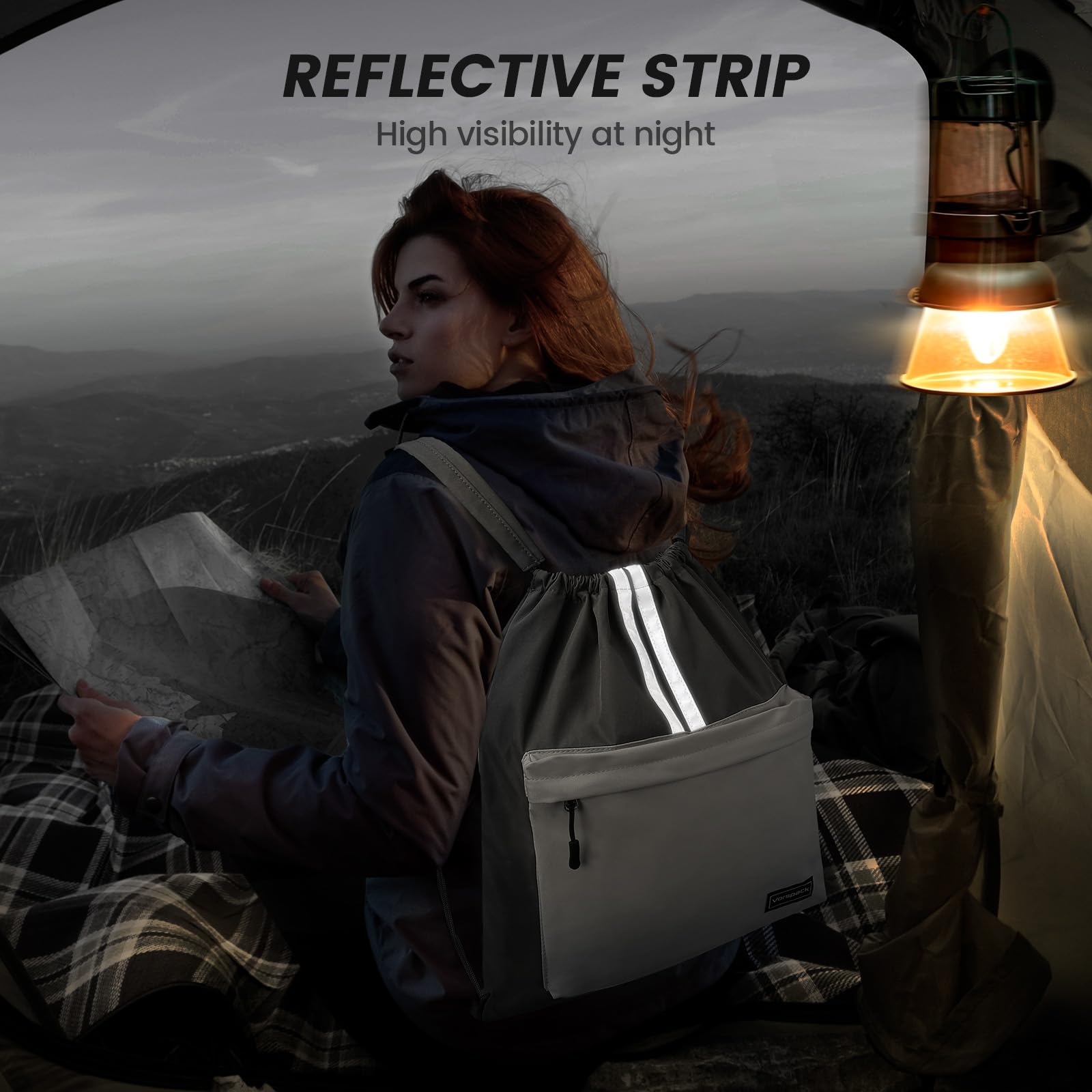 Vorspack Drawstring Backpack - Drawstring Bag with Front Pocket Lightweight String Backpack with Reflective Strips Cinch Bag Sackpack for Gym Sport Trip Hiking - Black