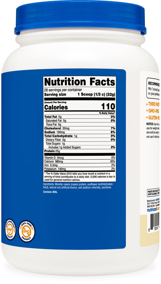 Nutricost Casein Protein Powder 2lb Vanilla - Micellar Casein, Gluten Free, Non-GMO
