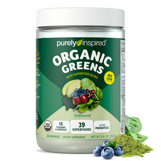 Purely Inspired Organic Green Powder Smoothie Mix, Unflavored (24 Servings) - Probiotics for Digestive Health with Spirulina & Chlorella for Gut Health - Vegan & Gluten-Free