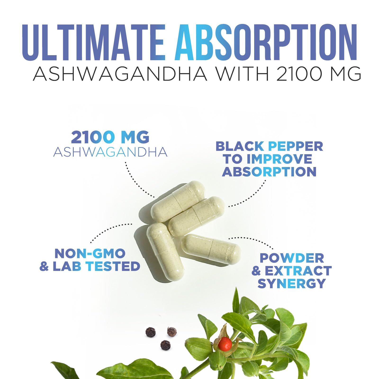 Ashwagandha 2,100 mg Extra Strength with Black Pepper, Pure Ashwagandha Powder plus Root Extract Adaptogen Formula for Energy and Immune Support, Non GMO, Vegan - 120 Capsules