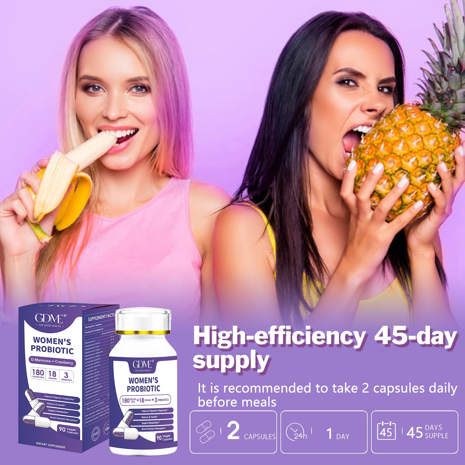 GDME Probiotics 180 Billion CFU 18 Strains Contains Organic Prebiotic Cranberry Probiotic Supplement Digestion Immunity for Women's Health,Non Soy Gluten Dairy Free 90 Vegetarian Capsules