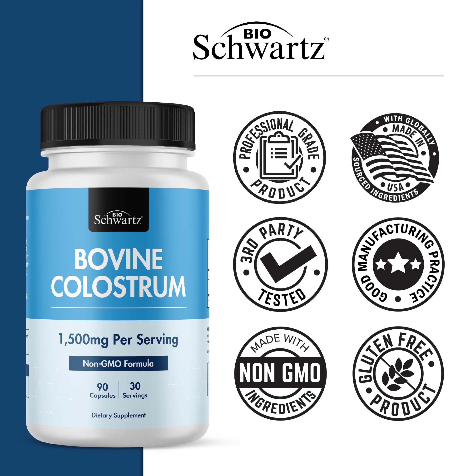 Colostrum Supplement 1500mg Per Serving - Grass Fed Colostrum Capsules - Bovine Colostrum Exclusively from First Milking, Supports Gut Health for Women and Men - Non GMO, Gluten Free, 90 Count