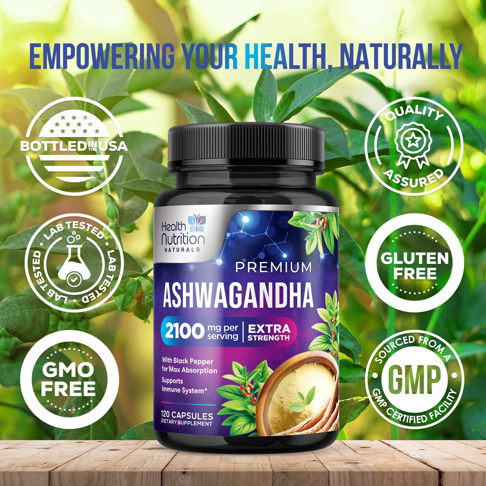 Ashwagandha 2,100 mg Extra Strength with Black Pepper, Pure Ashwagandha Powder plus Root Extract Adaptogen Formula for Energy and Immune Support, Non GMO, Vegan - 120 Capsules