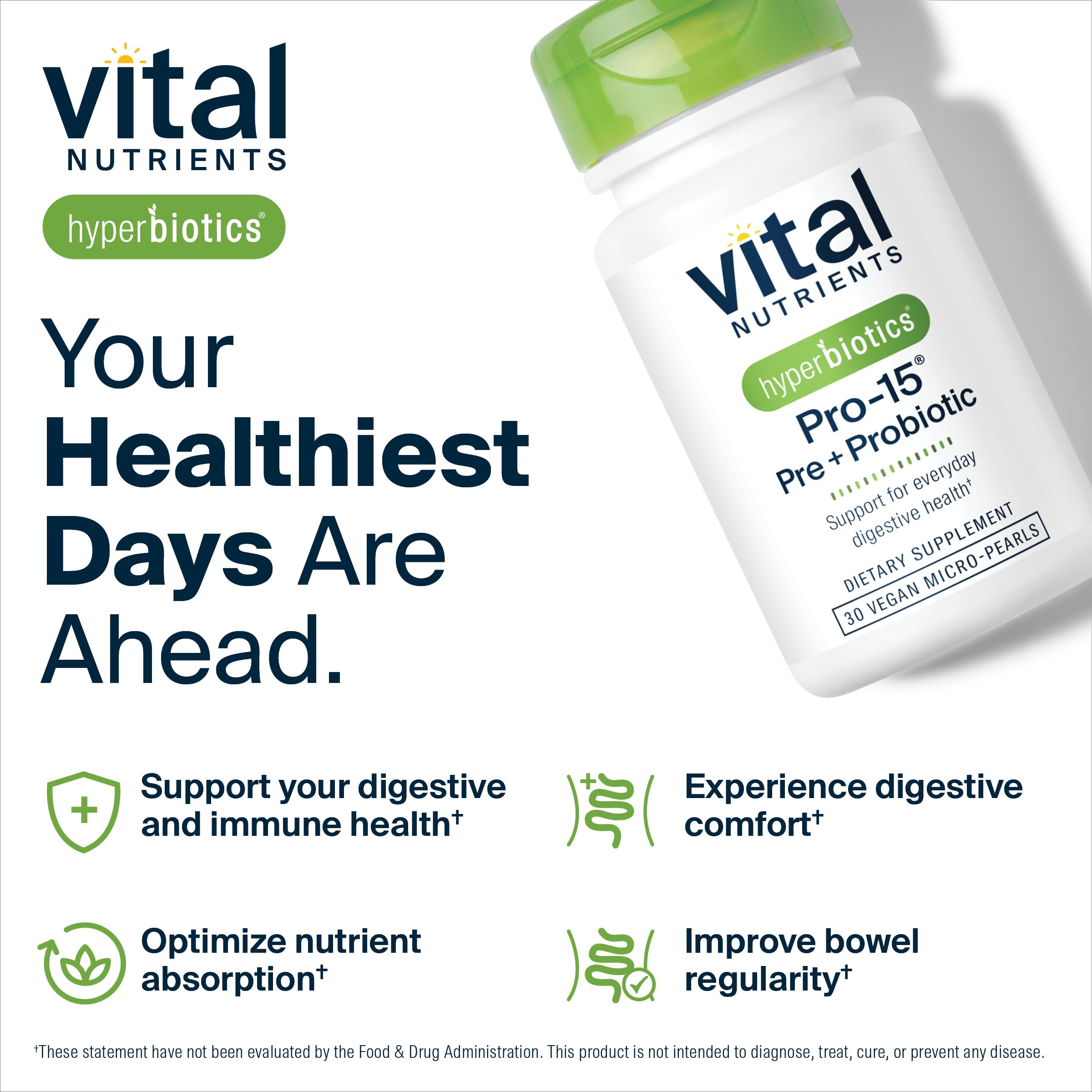 Hyperbiotics Vital Nutrients Pro-15 Pre + Probiotic | 15 Strains| Supports Occasional Constipation, Diarrhea, Gas & Bloating | Immune, Digestive & Gut Health | Shelf-Stable | Vegan | 30 Pearl Tablets