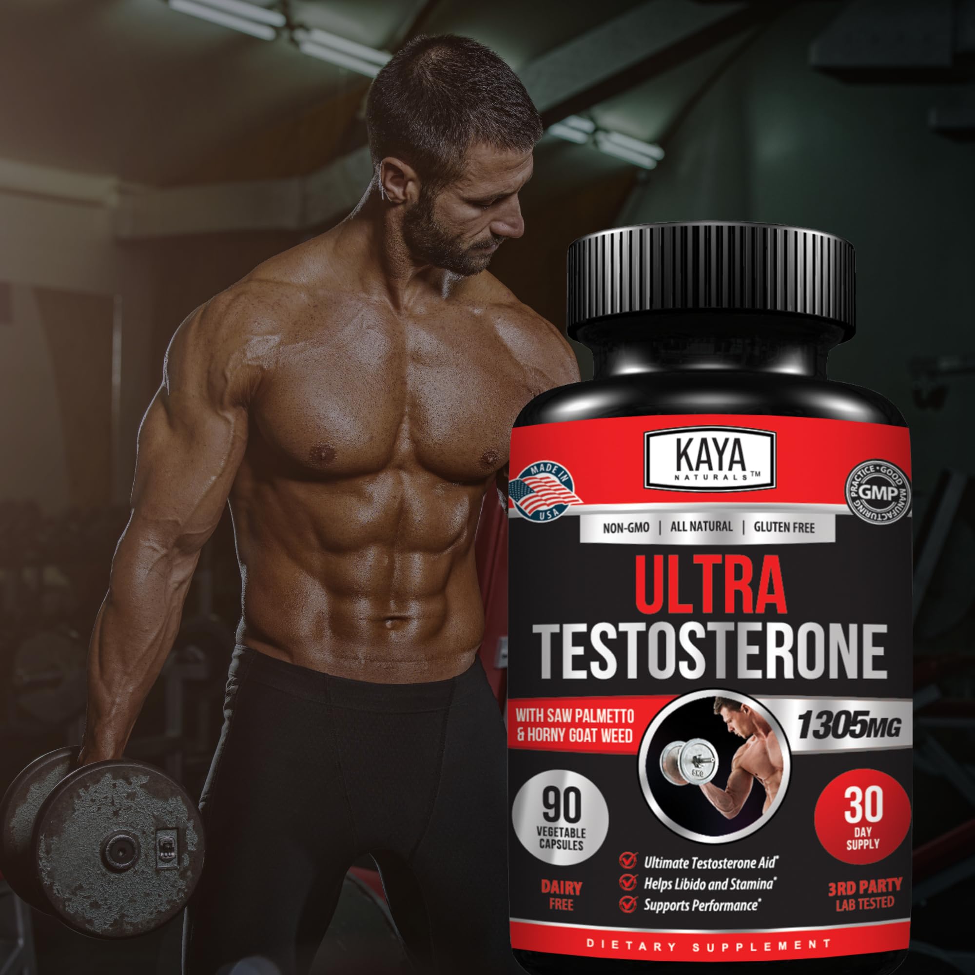 Kaya Naturals Ultra Testosterone - Men's Testosterone Booster with Tongkat Ali, Horny Goat Weed, Tribulus - Natural Workout Supplement for Energy, Stamina, and Strength Booster - 90 Count