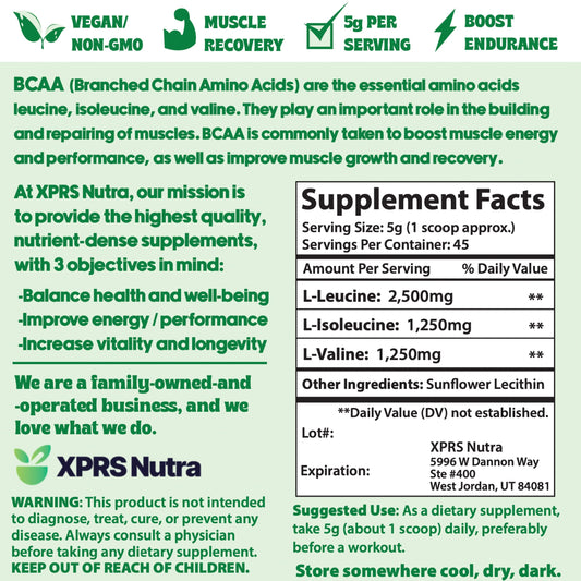 XPRS Nutra BCAA Powder - Amino Acids Supplement for Men - Unflavored BCAA Workout Supplements - Gym Supplements for Men - Amino Acids Supplement for Women for Gym Post Workout Recovery (8 Ounce)