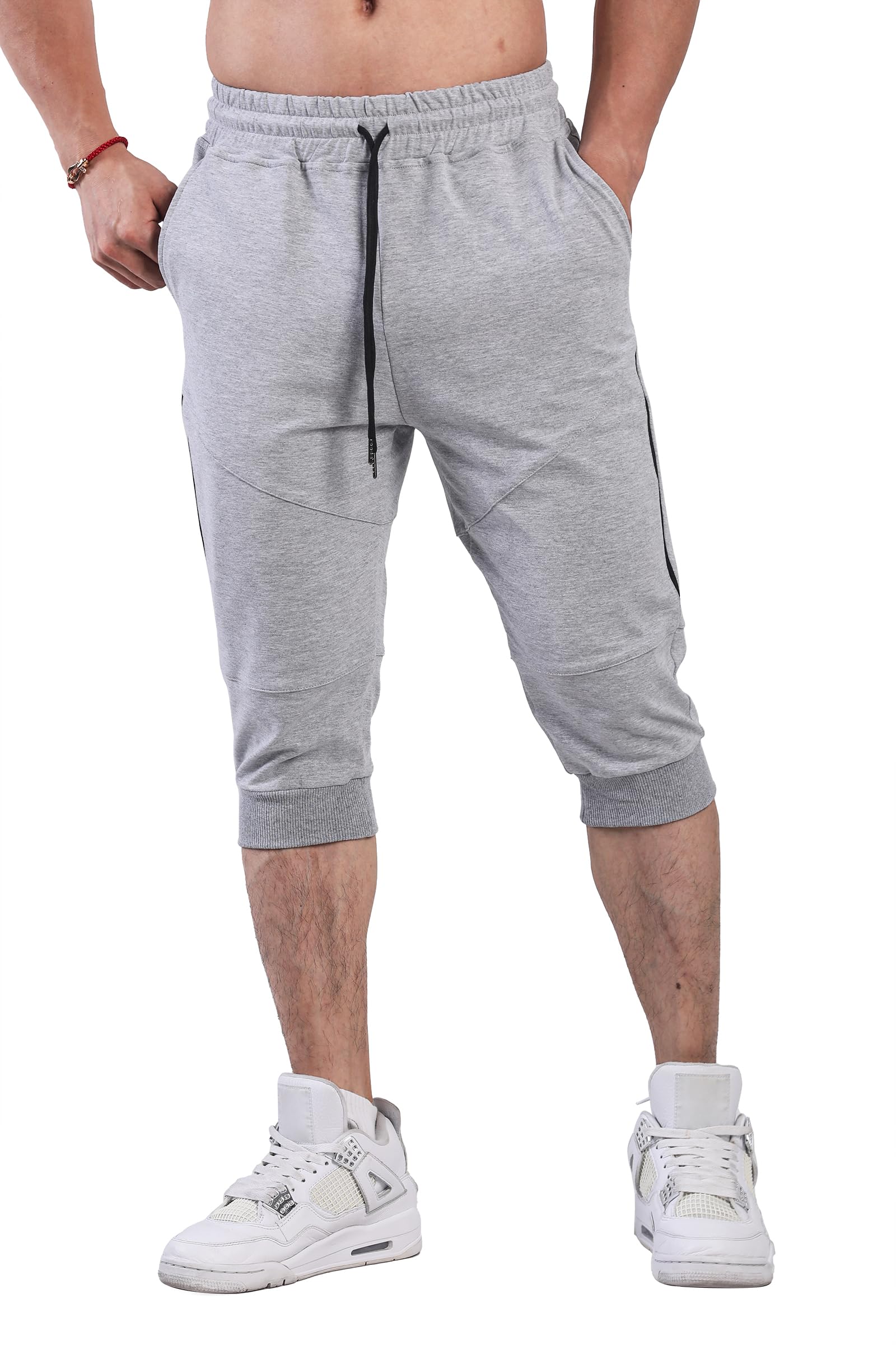FIRSTGYM Mens 3/4 Tapered Fit Jogger Pants Casual Workout Gym Capris Jogger Shorts Light Grey