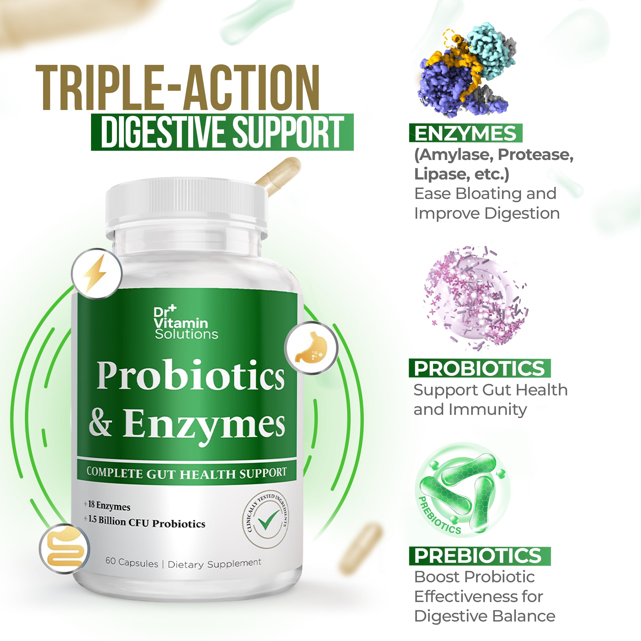 Dr. Vitamin Multi Enzymes, Pre and Probiotics for Digestive Health | 18 Active Enzymes & 1.5 Billion CFU Probiotics for Women & Men | Digestive Enzymes w/Prebiotics for Bloating Relief | 60 Capsules