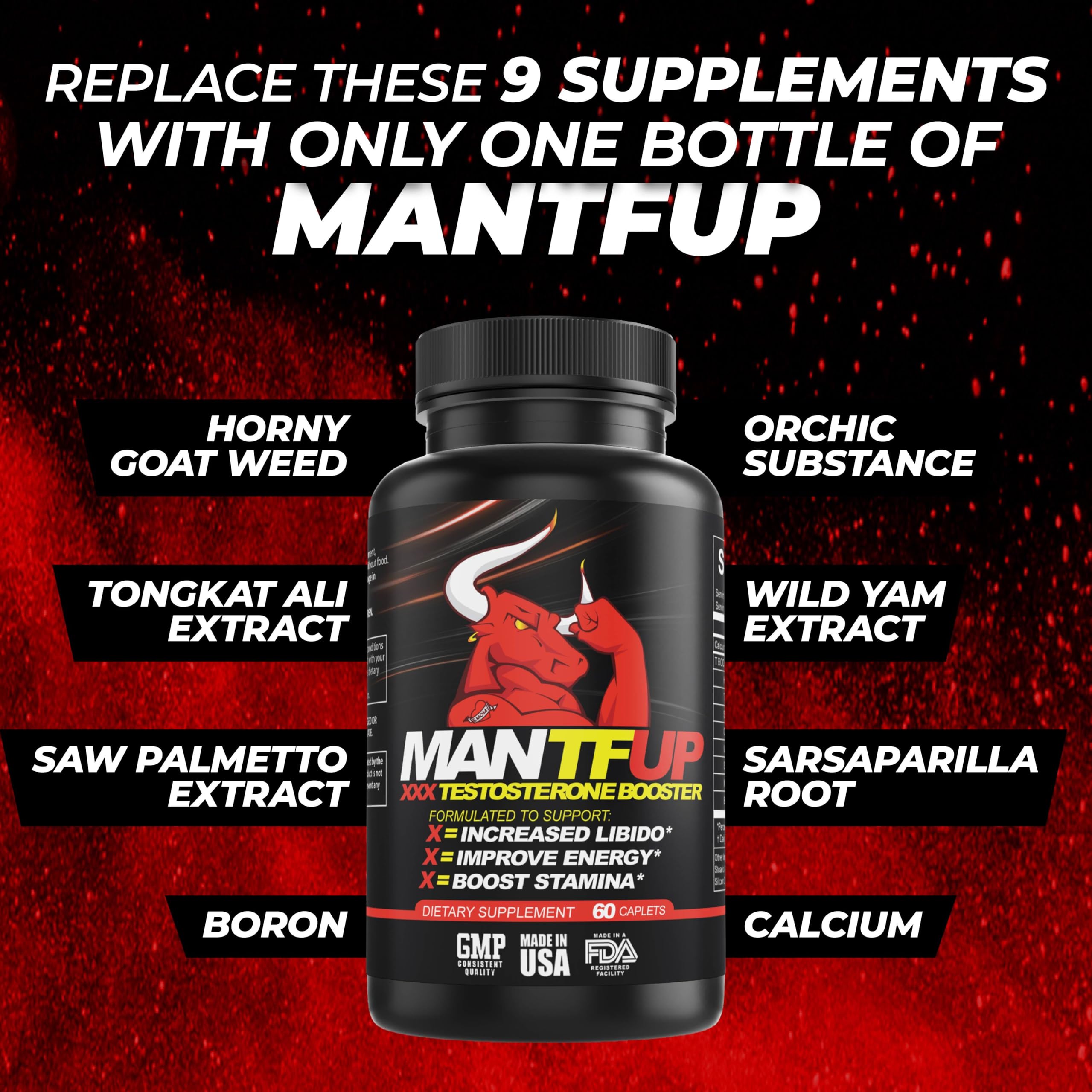 MANTFUP Vitality Enhancer for Men | Testosterone Booster & Natural Enhancement to Boost Men's Health, Libido, Stamina & Energy | Horny Goat Weed | Made in USA (1 Month Supply, 60 Caplets)
