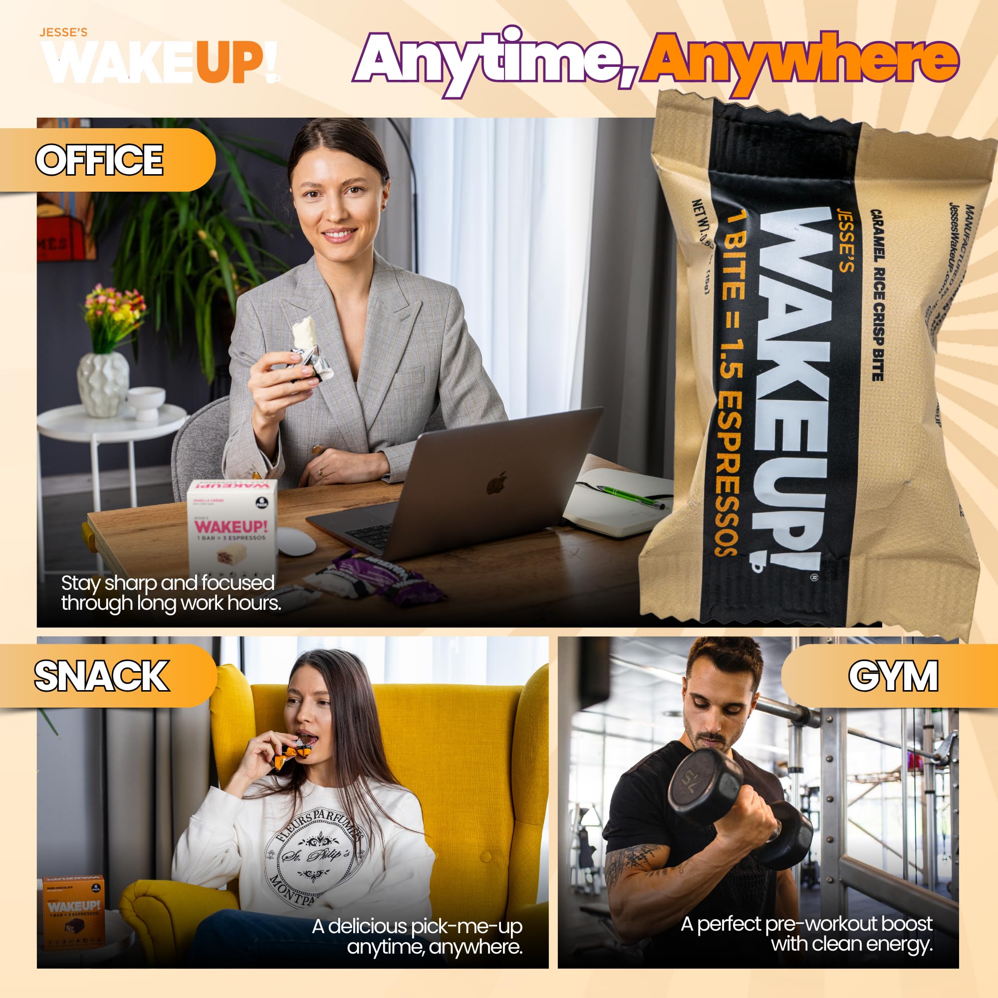 WAKE UP! Caffeinated Caramel Protein Bites - Gluten Free, Vegetarian, 175mg Caffeine (1 Bite = 1.5 Espressos) - Boosts Focus and Clarity - Kosher Ingredients - 8 Pack