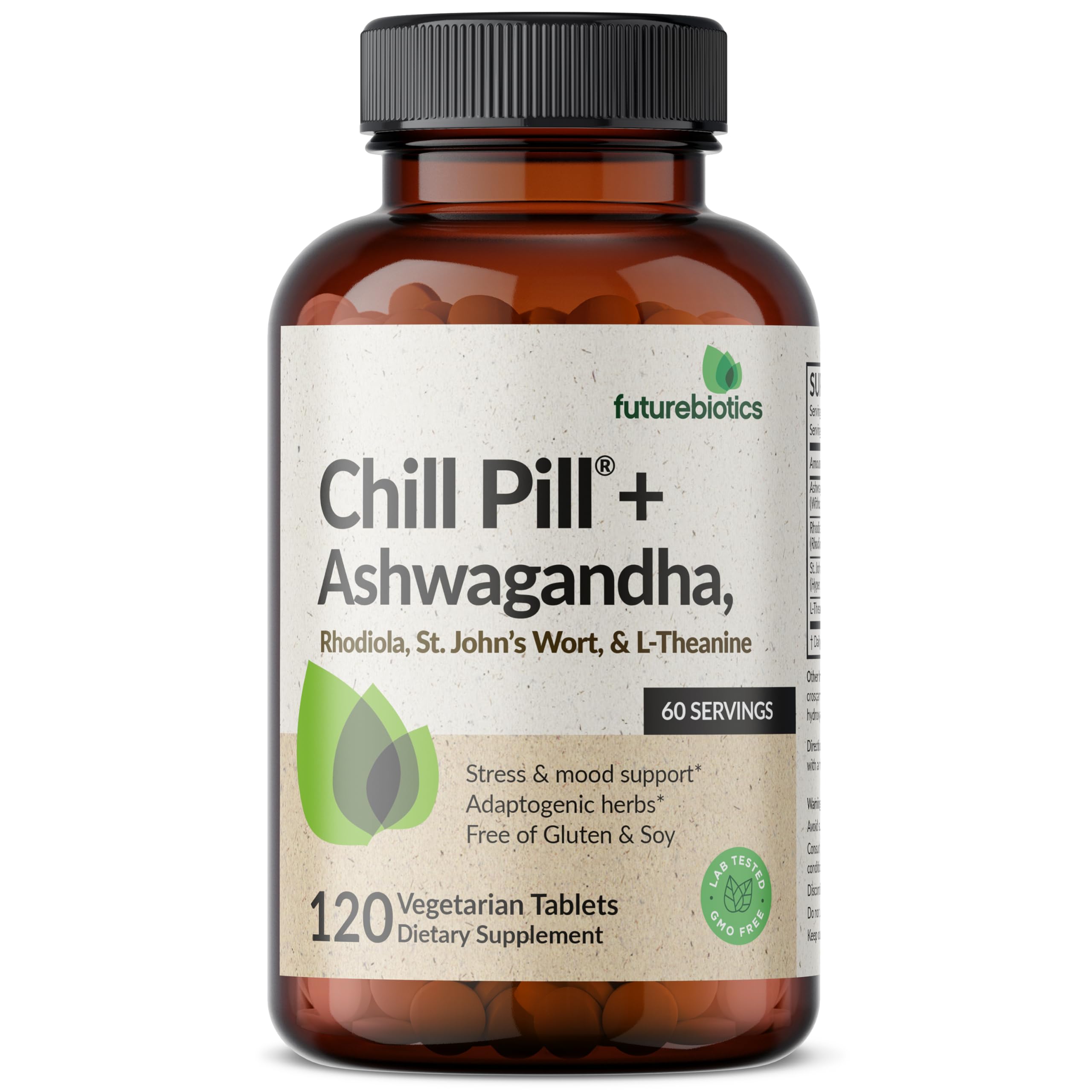 Futurebiotics Chill Pill + Ashwagandha, Rhodiola, St. John’s Wort, & L-Theanine - Non-GMO, 120 Vegetarian Tablets