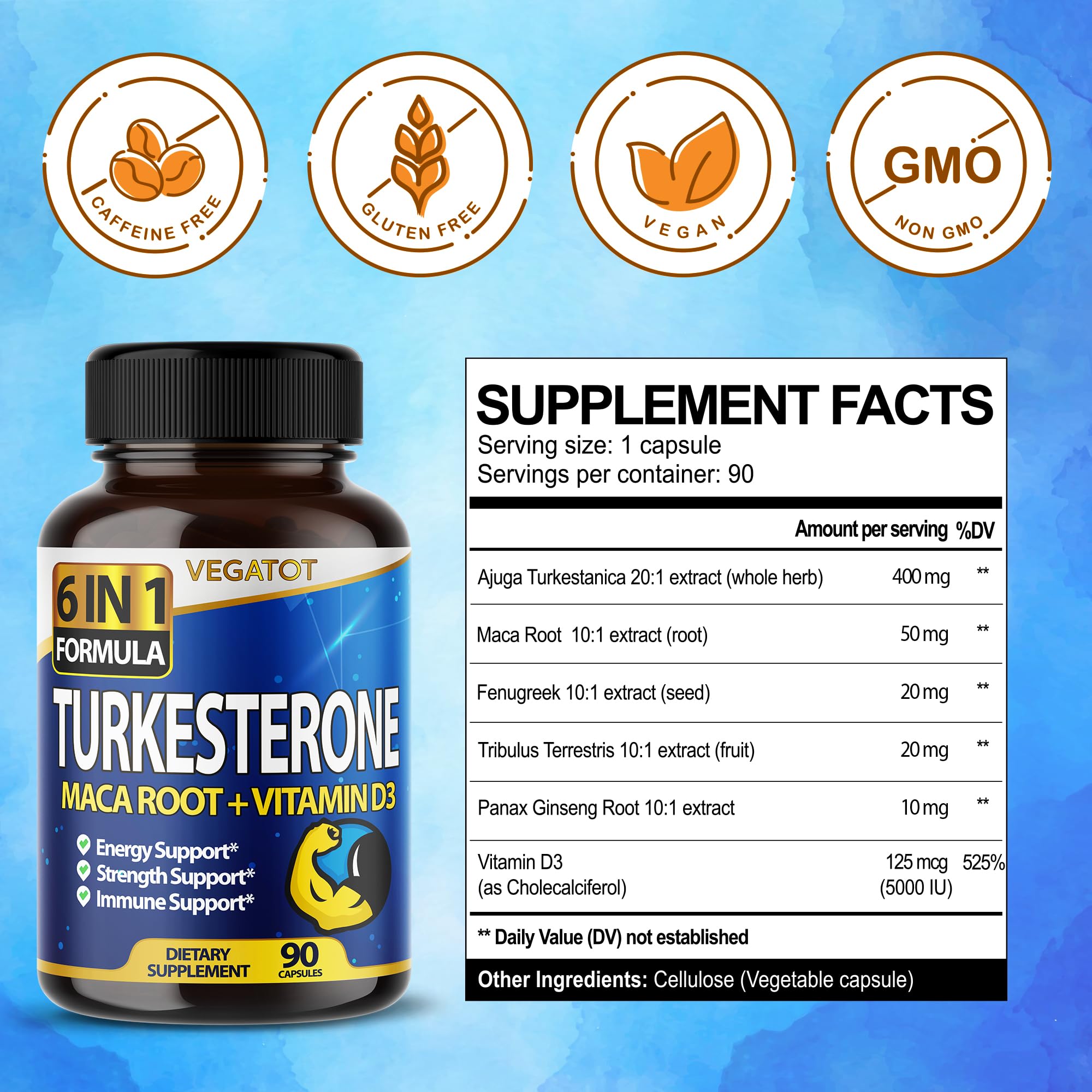 VEGATOT 6 in 1 High Strength Turkesterone 15500 mg Concentrated Extract with Maca Root Fenugreek Tribulus Boost Energy Stamina 3-Month Supply (60 Count (Pack of 1))