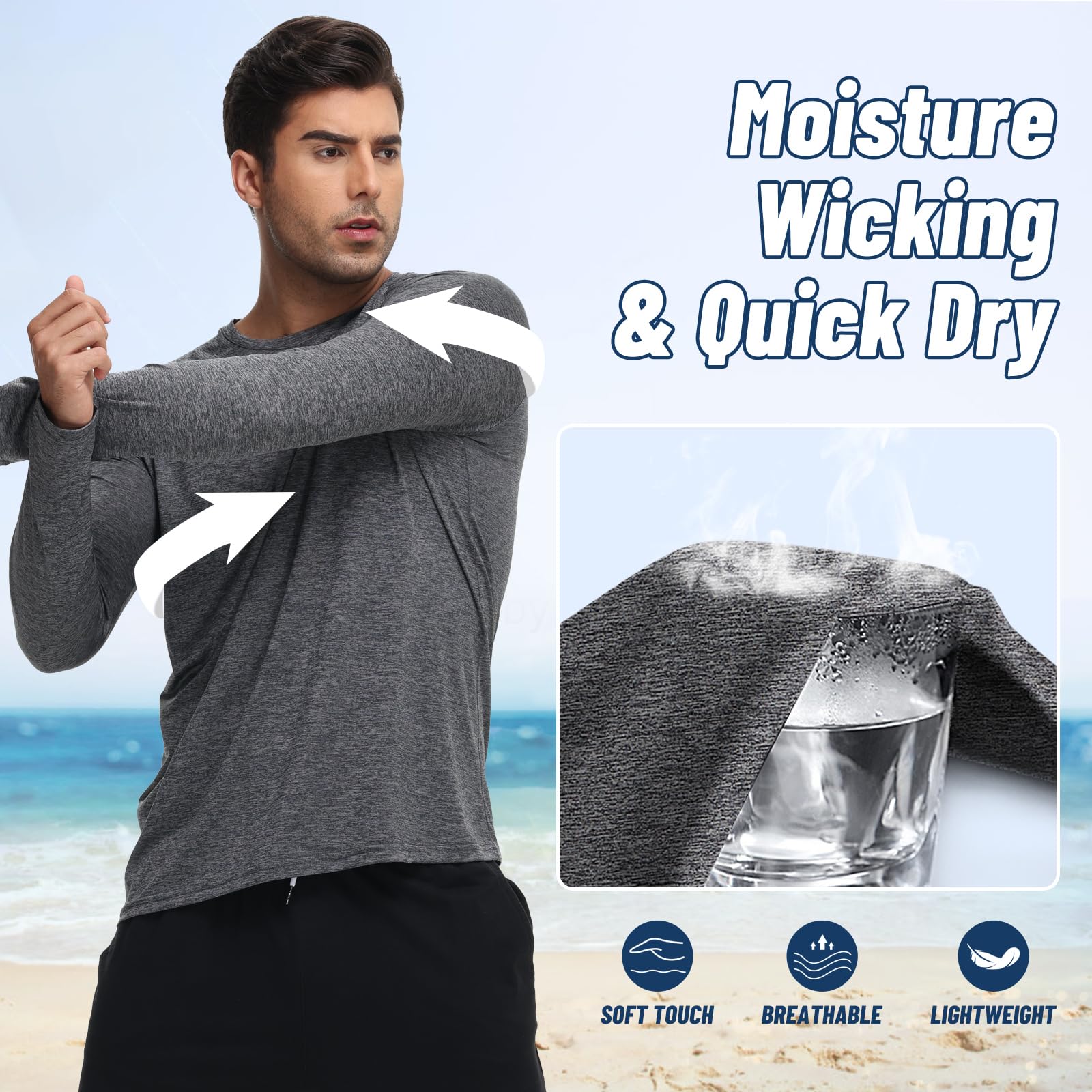 3 Pack Long Sleeve Shirts for Men - Dry Fit Moisture Wicking UV Sun Protection T-Shirts for Fishing Workout Athletic Gym