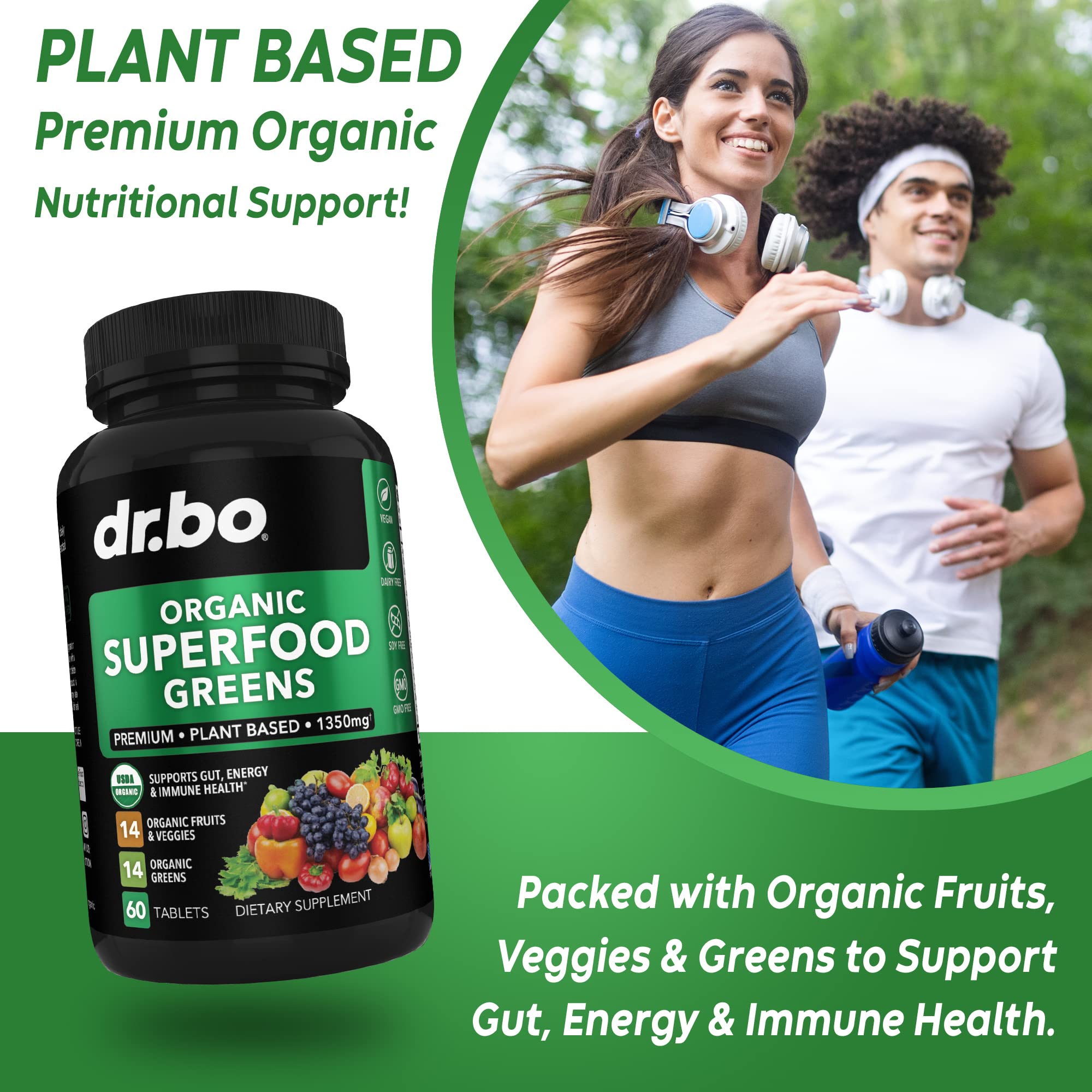 Organic Superfood Greens & Fruit Supplements - Energy Super Food Fruits and Veggies Supplement Tablets - Daily Green Veggie Powder Blend Plus Vegetable Foods Alfalfa, Spinach, Cabbage & Spirulina Tabs