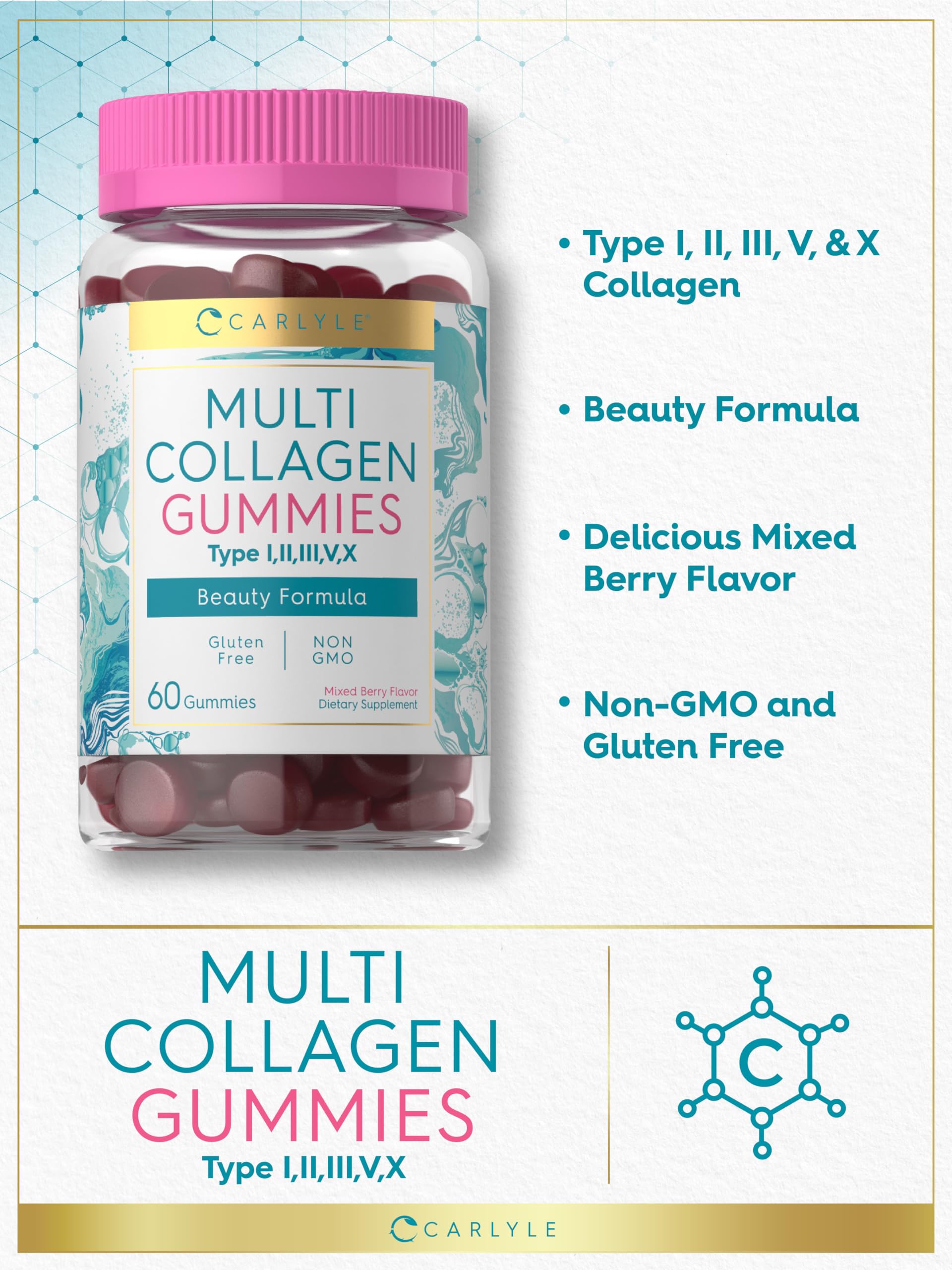 Carlyle Collagen Gummies | 60 Count | Multi Collagen Complex | Beauty Formula Supplement | Mixed Berry Flavor | Non-GMO, Gluten Free