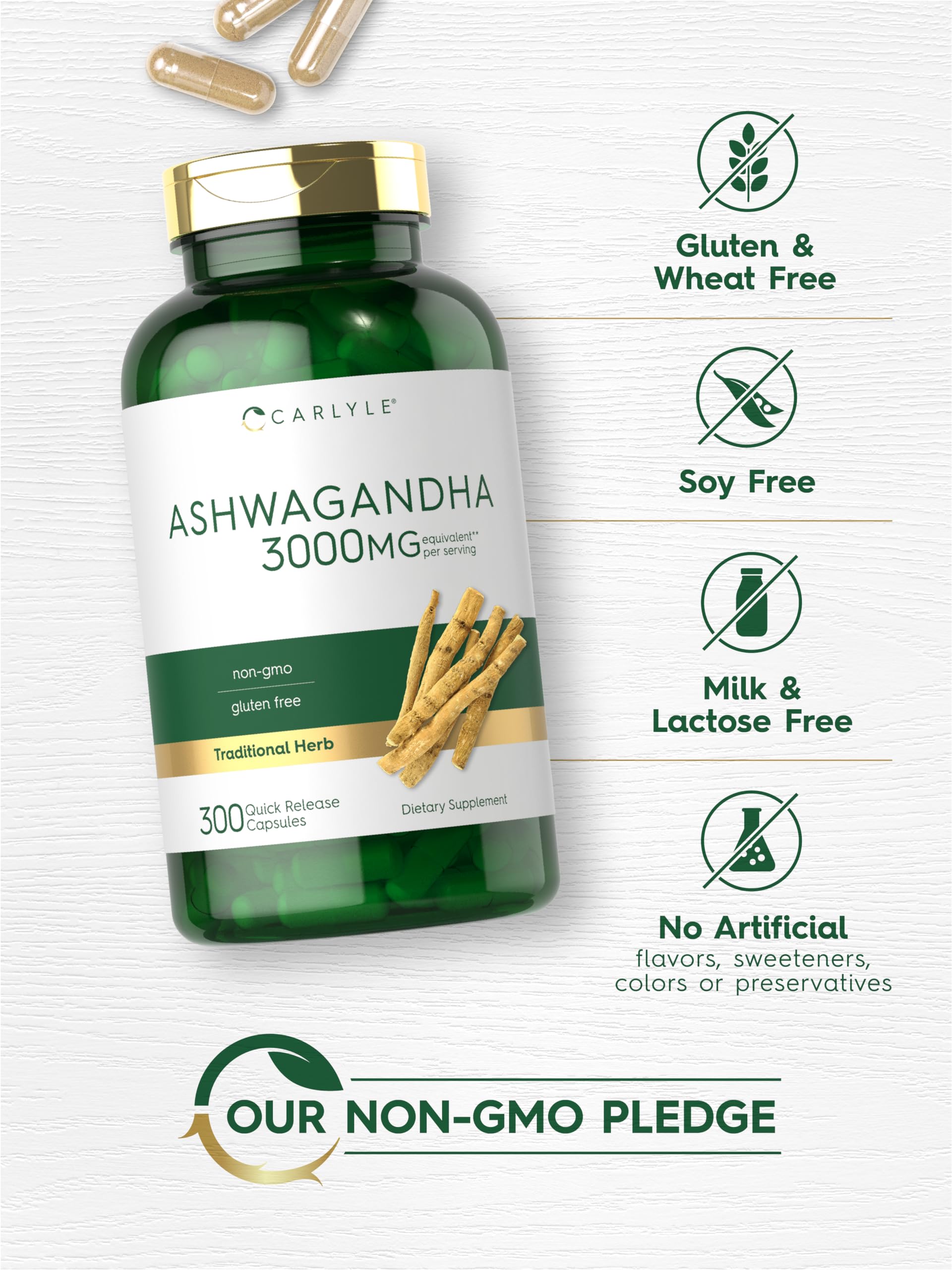 Carlyle Ashwagandha Supplement 3000mg | 300 Capsules | Root Extract Supplement | Non-GMO, Gluten Free